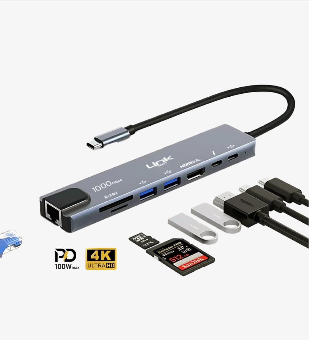 A205 Premium 8 in 1 RJ45, HDMI, Type-C Hub and Card Reader
