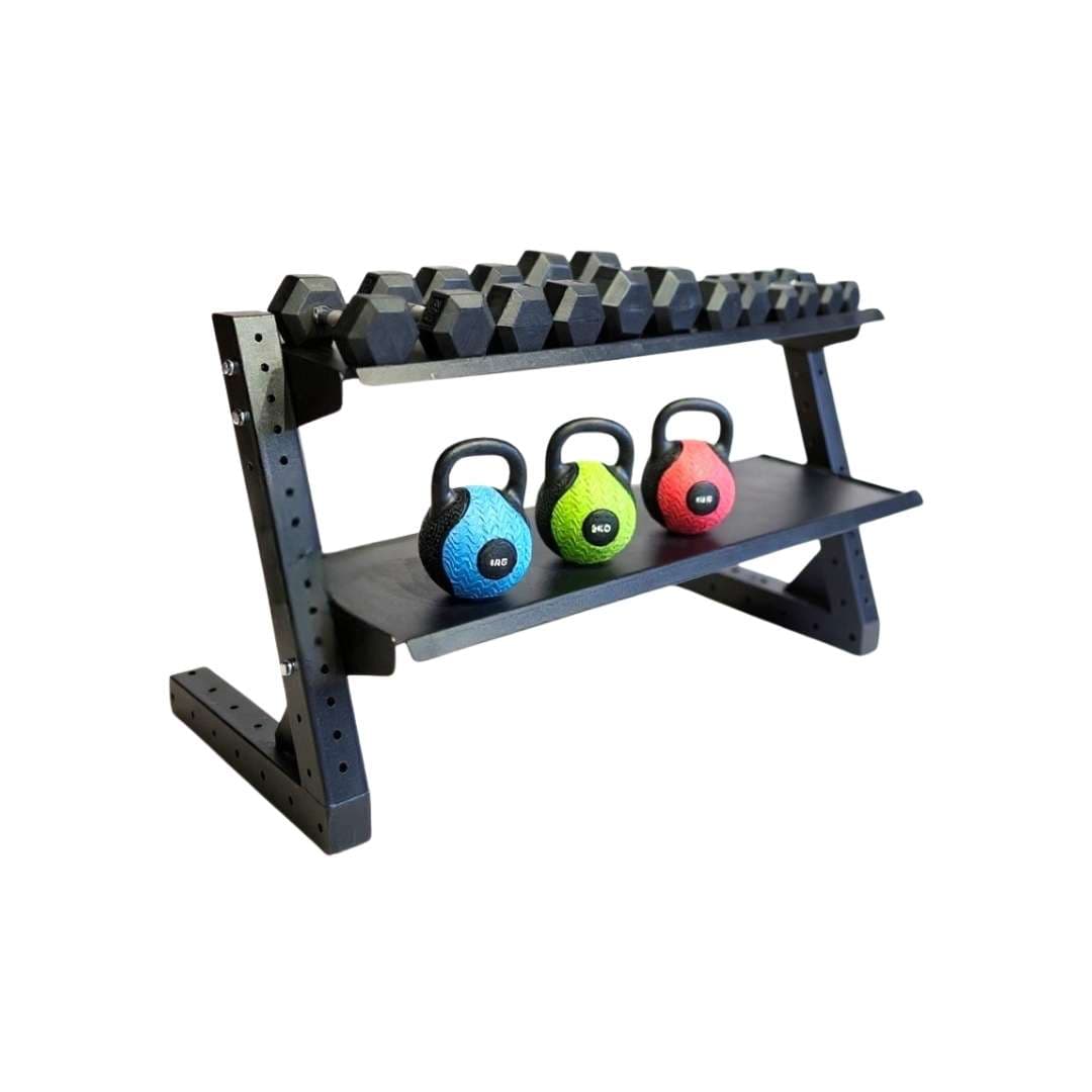 İki Katlı Dambıl ve Kettlebell Standı – Profesyonel Ağırlık Rafı