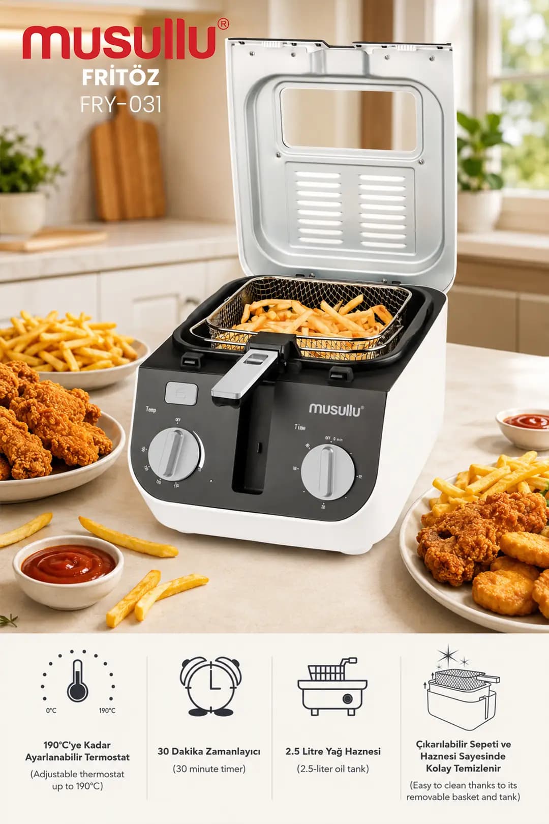 Musullu FRY-031 Fritöz - 2.5 L Kapasite, 2000 W, Zamanlayıcılı, Yapışmaz Hazne