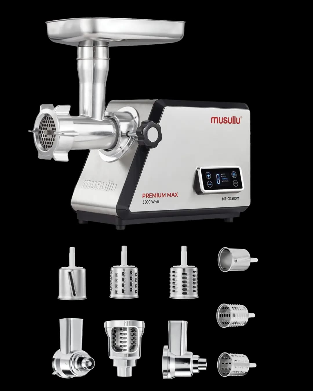 Musullu Premium Max 3500W Et Kıyma Makinesi – Dijital Ekranlı, Metal Dişlili, Rende ve Kıyma Aparatlı