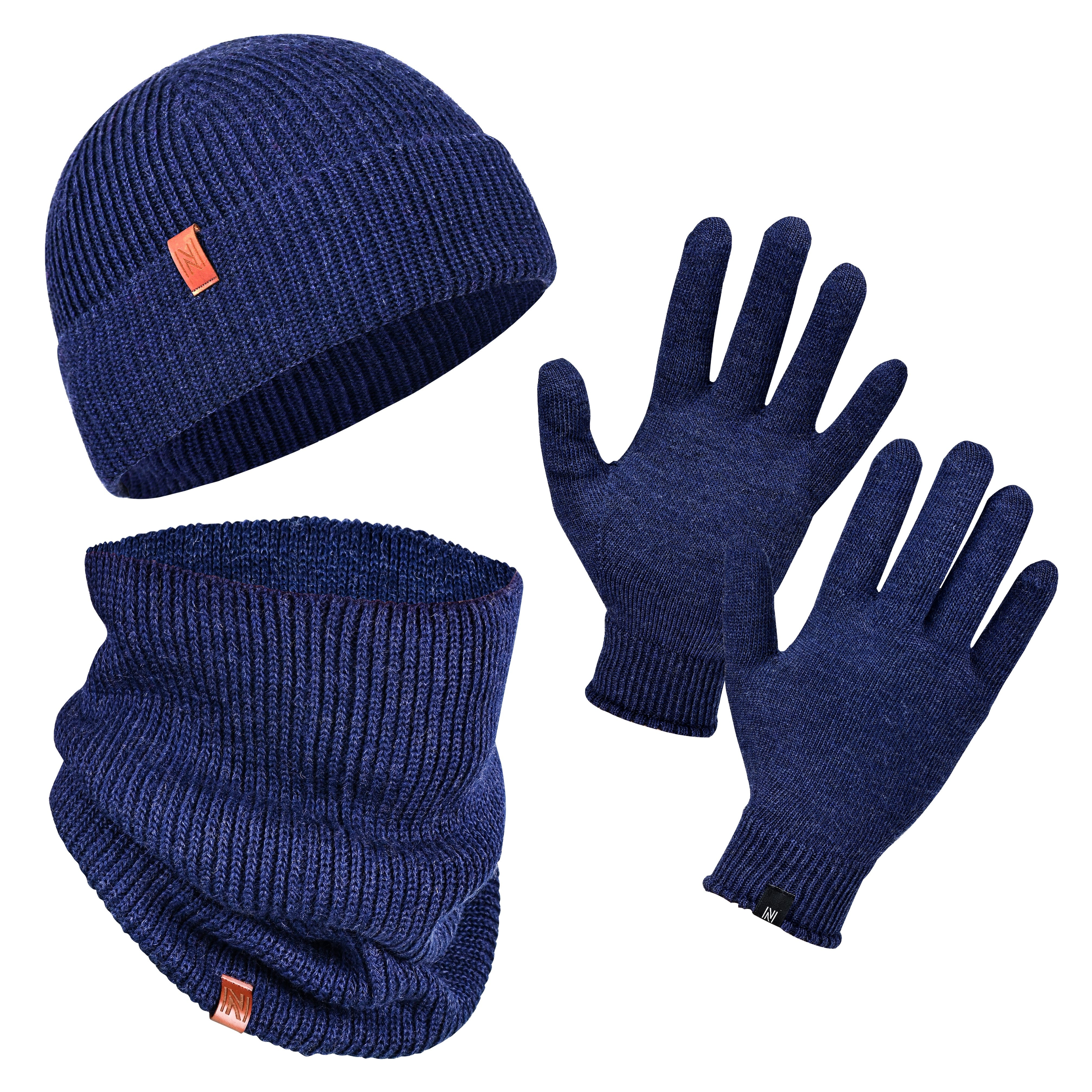 Winter Set %70 Merino Yünü Termal Bere Boyunluk ve Eldiven 3'lü Kış Seti - Lacivert