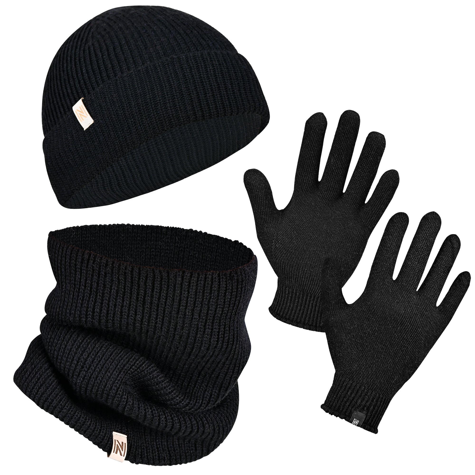 Winter Set %70 Merino Yünü Termal Bere Boyunluk ve Eldiven 3'lü Kış Seti - Siyah