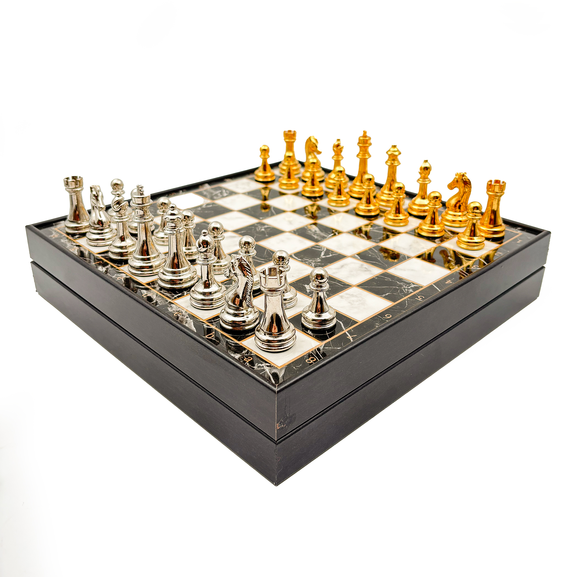 Ahşap Satranç Takımı Altın Gümüş Metal Taşlı MERKP25G