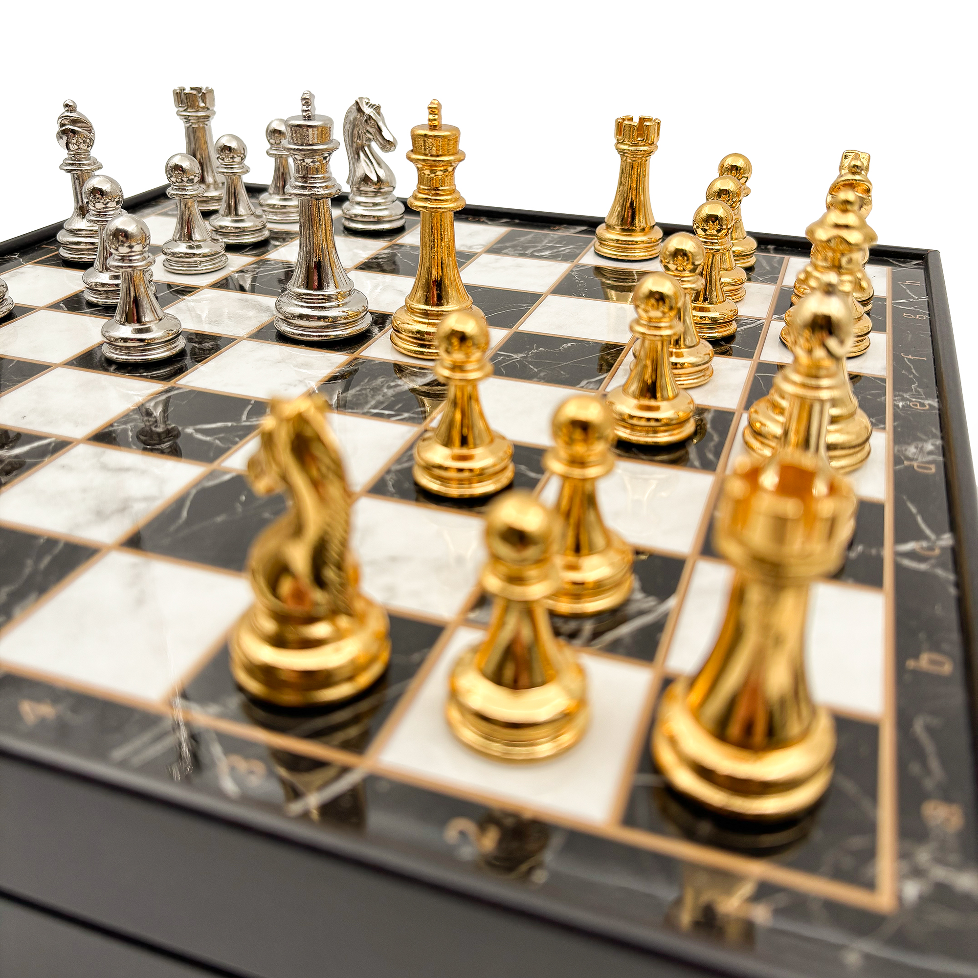 Ahşap Satranç Takımı Altın Gümüş Metal Taşlı MERKP25G - 10