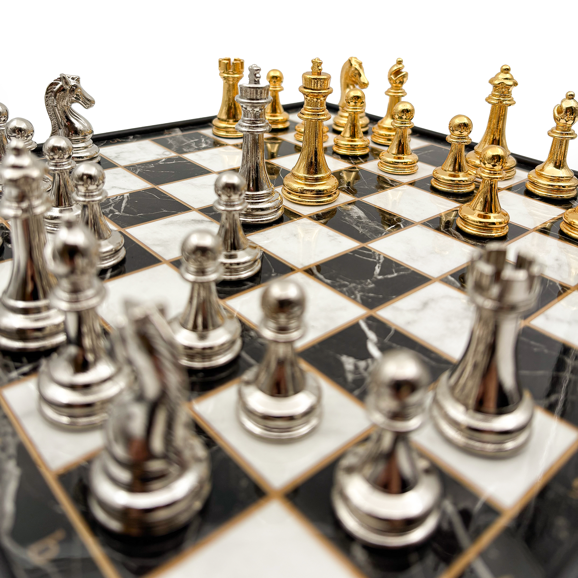 Ahşap Satranç Takımı Altın Gümüş Metal Taşlı MERKP30G - 4