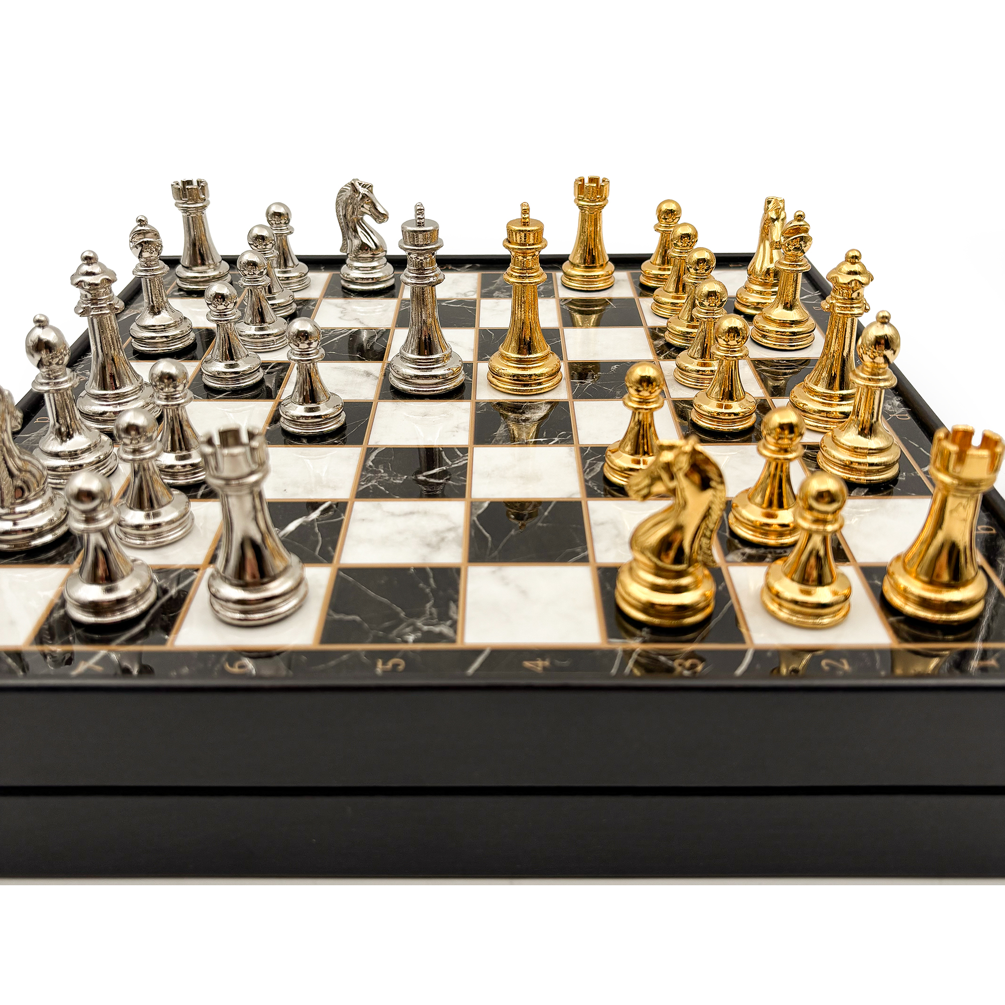 Ahşap Satranç Takımı Altın Gümüş Metal Taşlı MERKP36G - 9