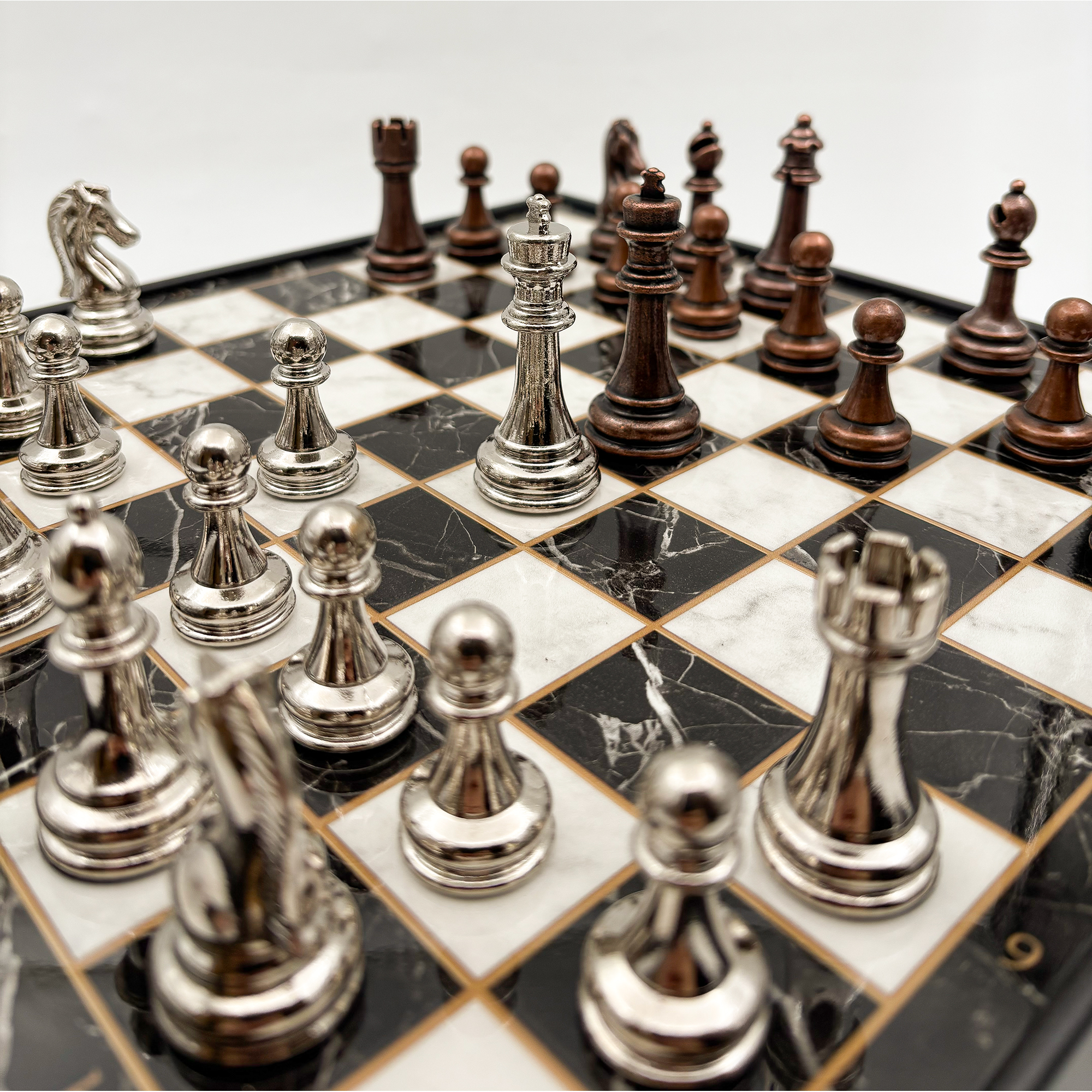 Ahşap Satranç Takımı Bakır Gümüş Metal Taşlı MERKP25B - 3