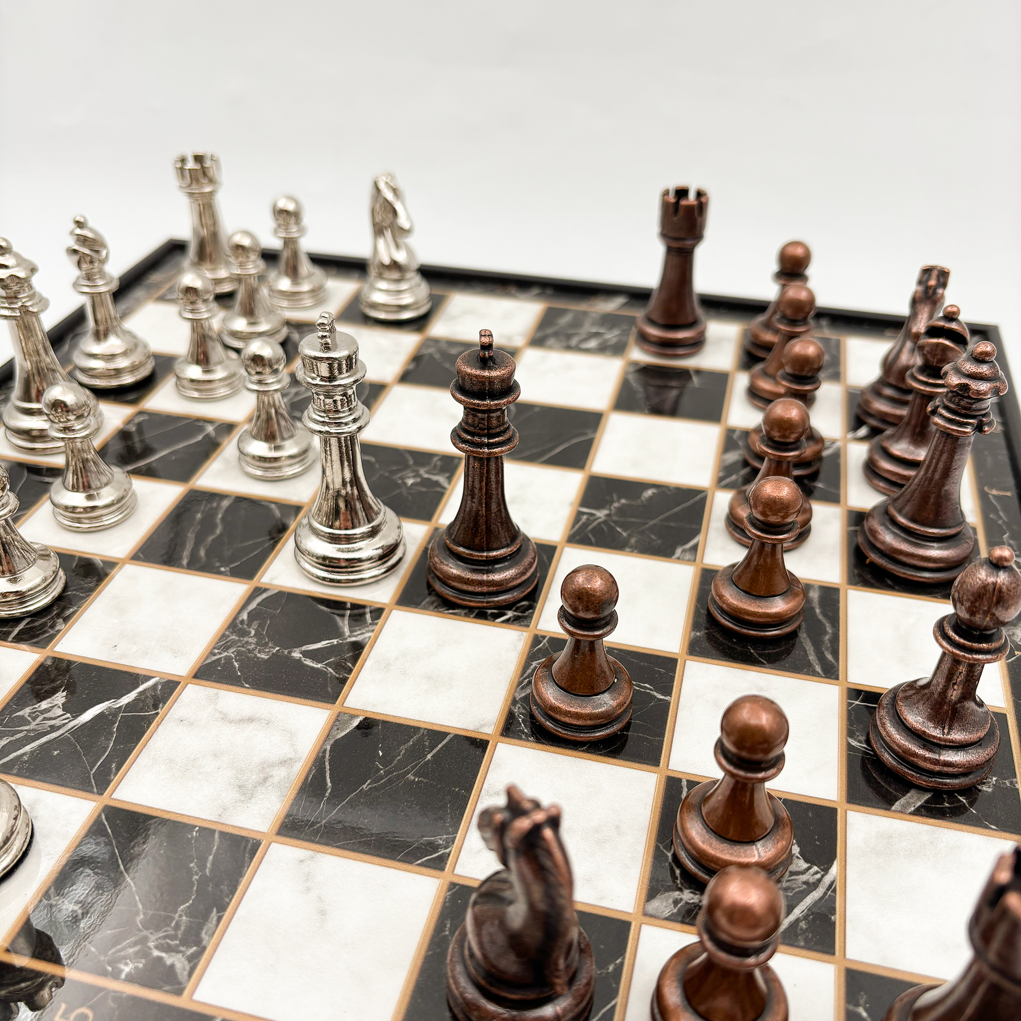 Ahşap Satranç Takımı Bakır Gümüş Metal Taşlı MERKP25B - 7