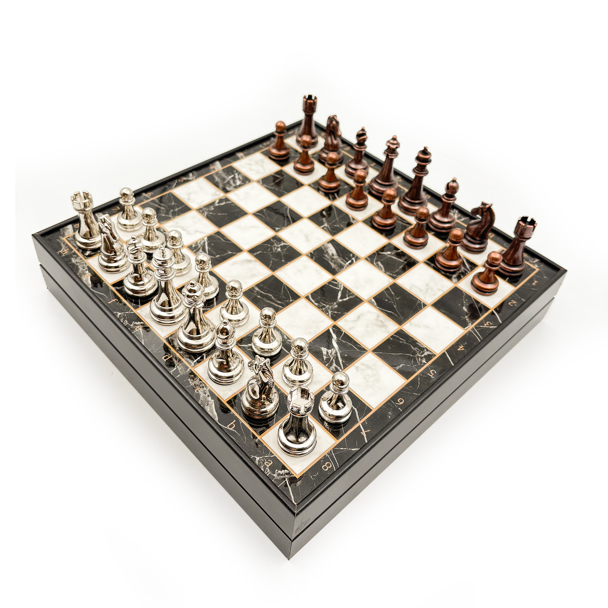 Ahşap Satranç Takımı Bakır Gümüş Metal Taşlı MERKP25B - 9