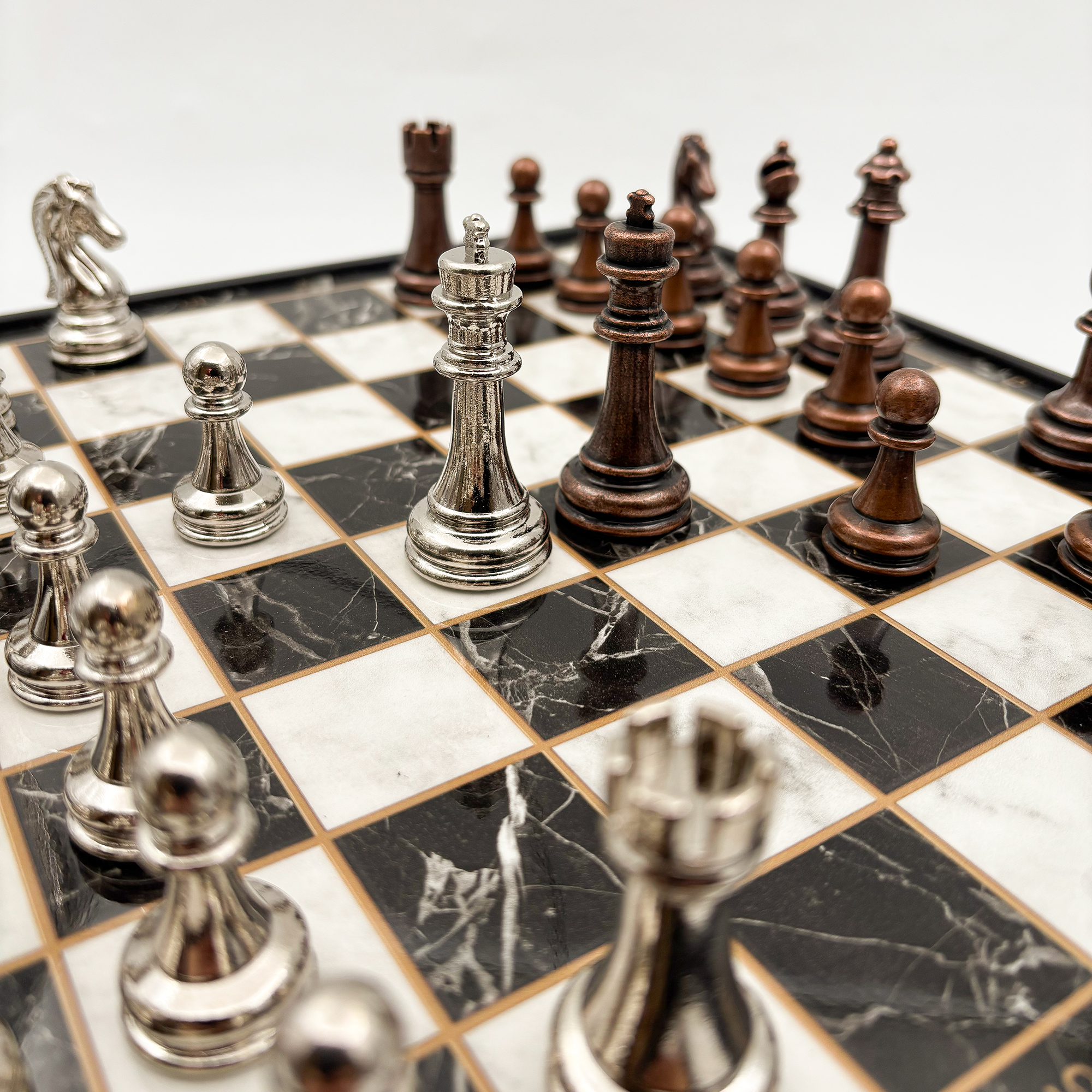 Ahşap Satranç Takımı Bakır Gümüş Metal Taşlı MERKP30B - 14