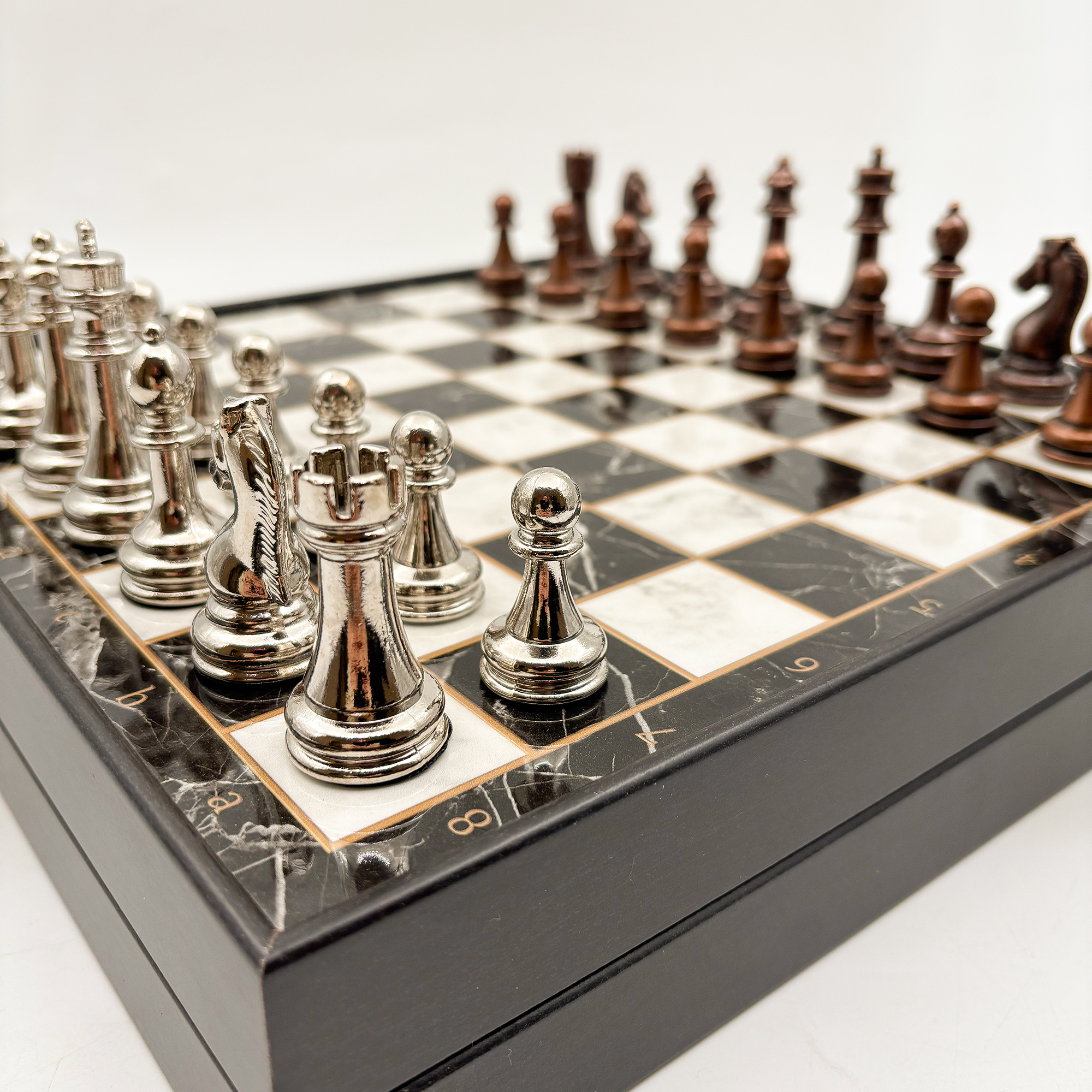 Ahşap Satranç Takımı Bakır Gümüş Metal Taşlı MERKP30B - 6