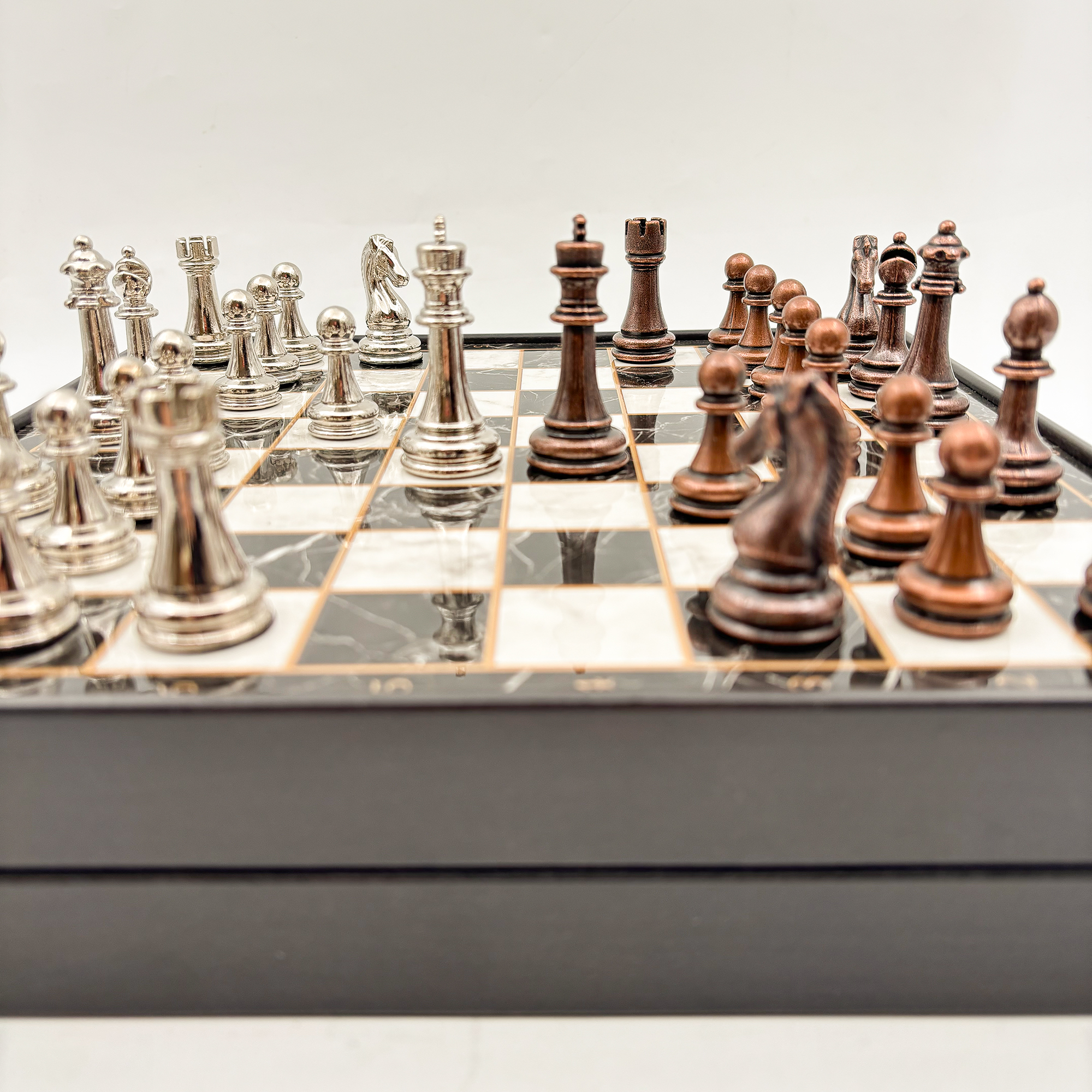 Ahşap Satranç Takımı Bakır Gümüş Metal Taşlı MERKP36B - 12