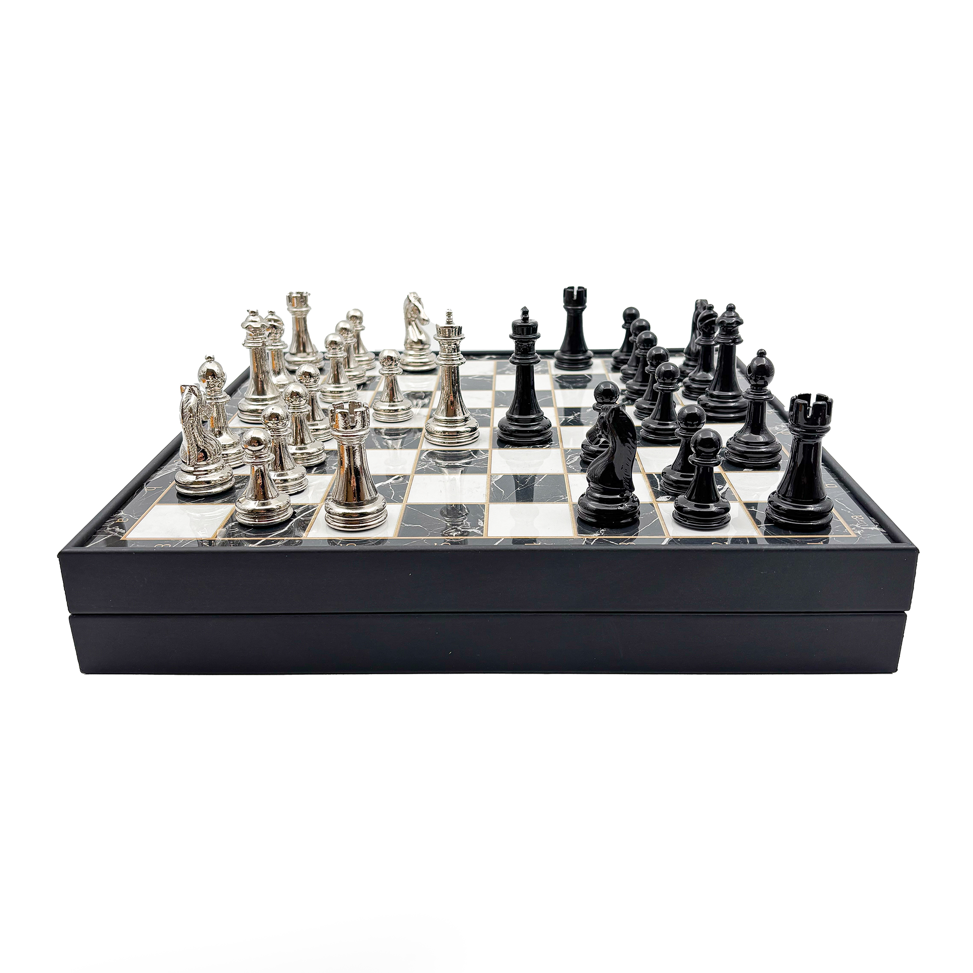 Ahşap Satranç Takımı Siyah Gümüş Metal Taşlı MERKP30S - 7