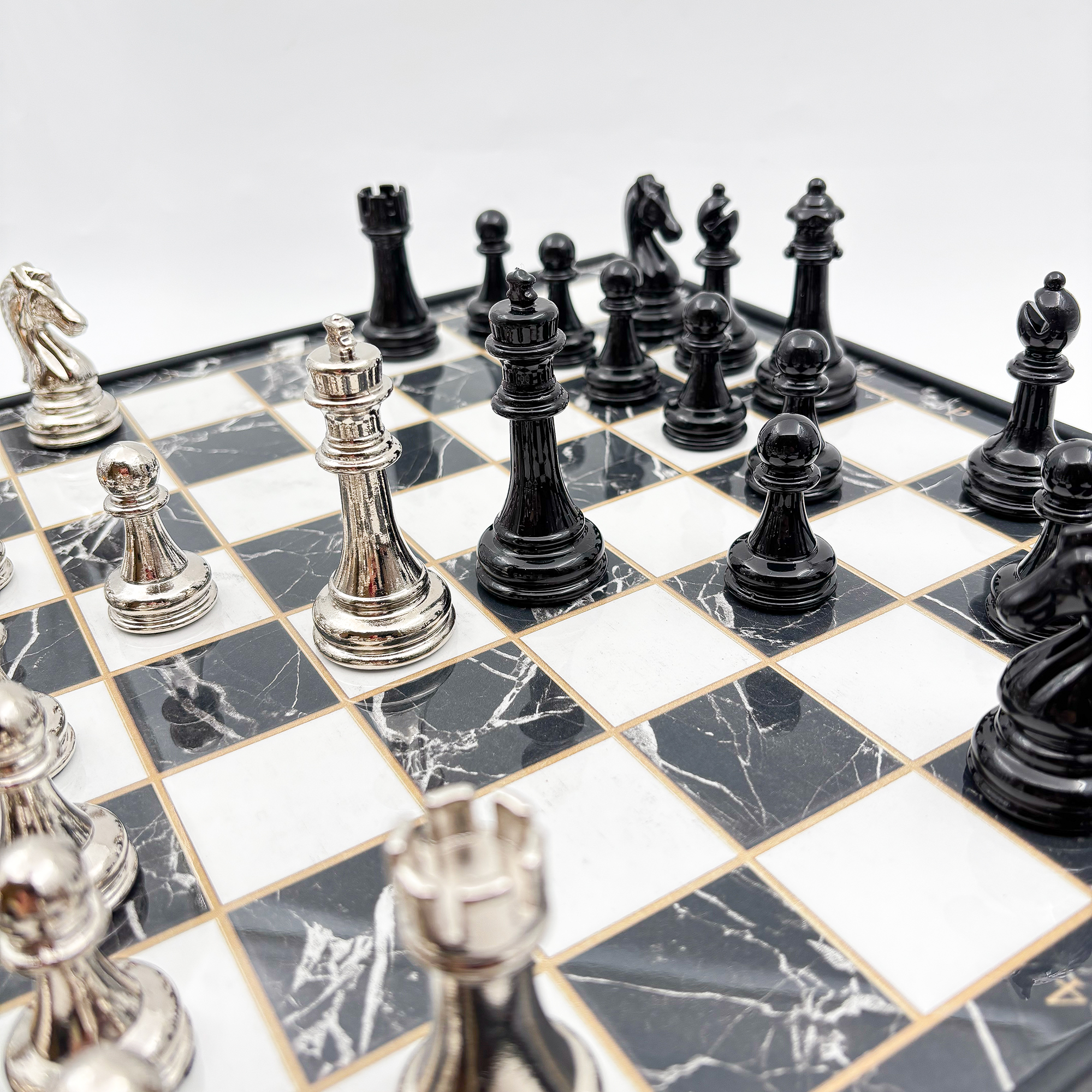 Ahşap Satranç Takımı Siyah Gümüş Metal Taşlı MERKP36S - 8