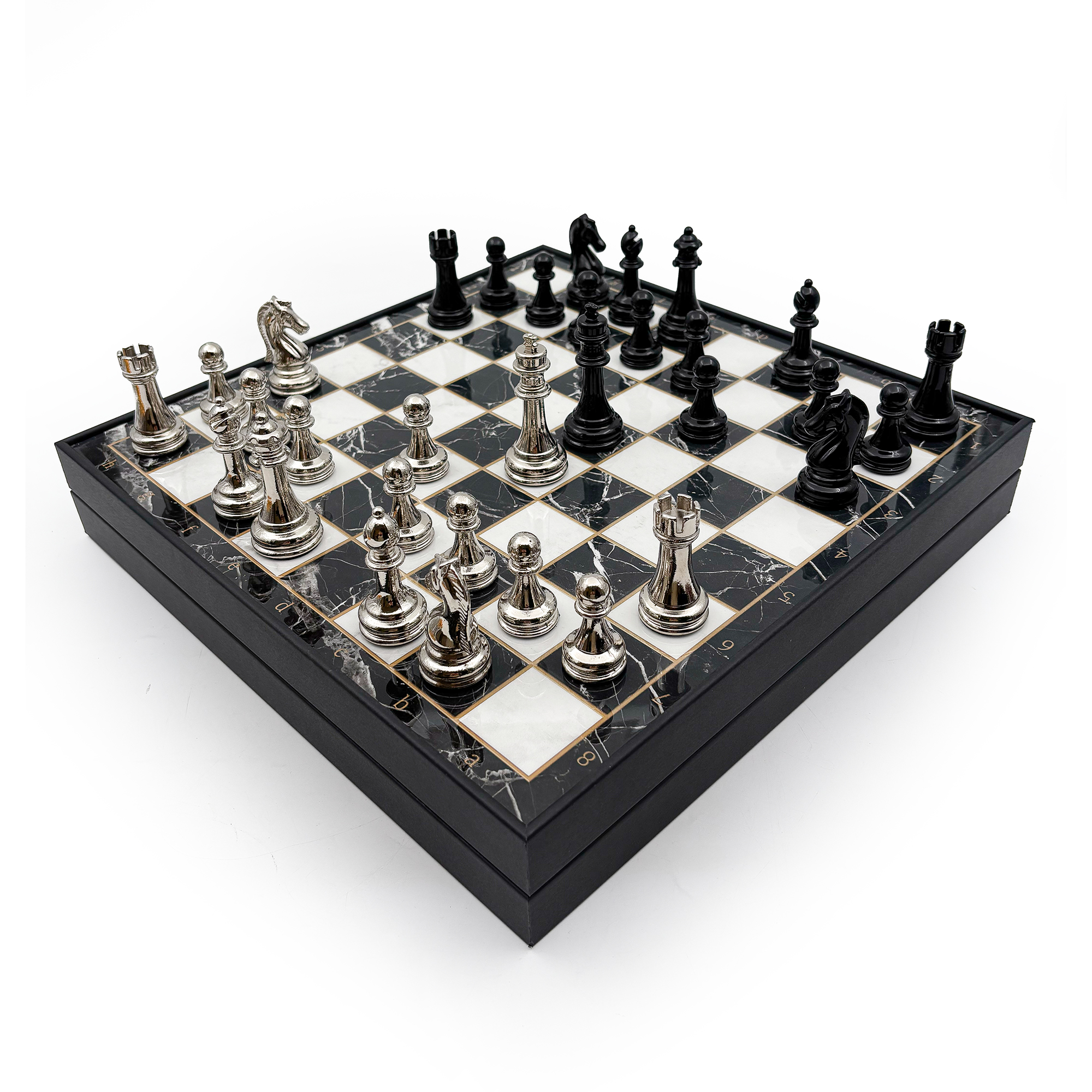 Ahşap Satranç Takımı Siyah Gümüş Metal Taşlı MERKP36S - 10