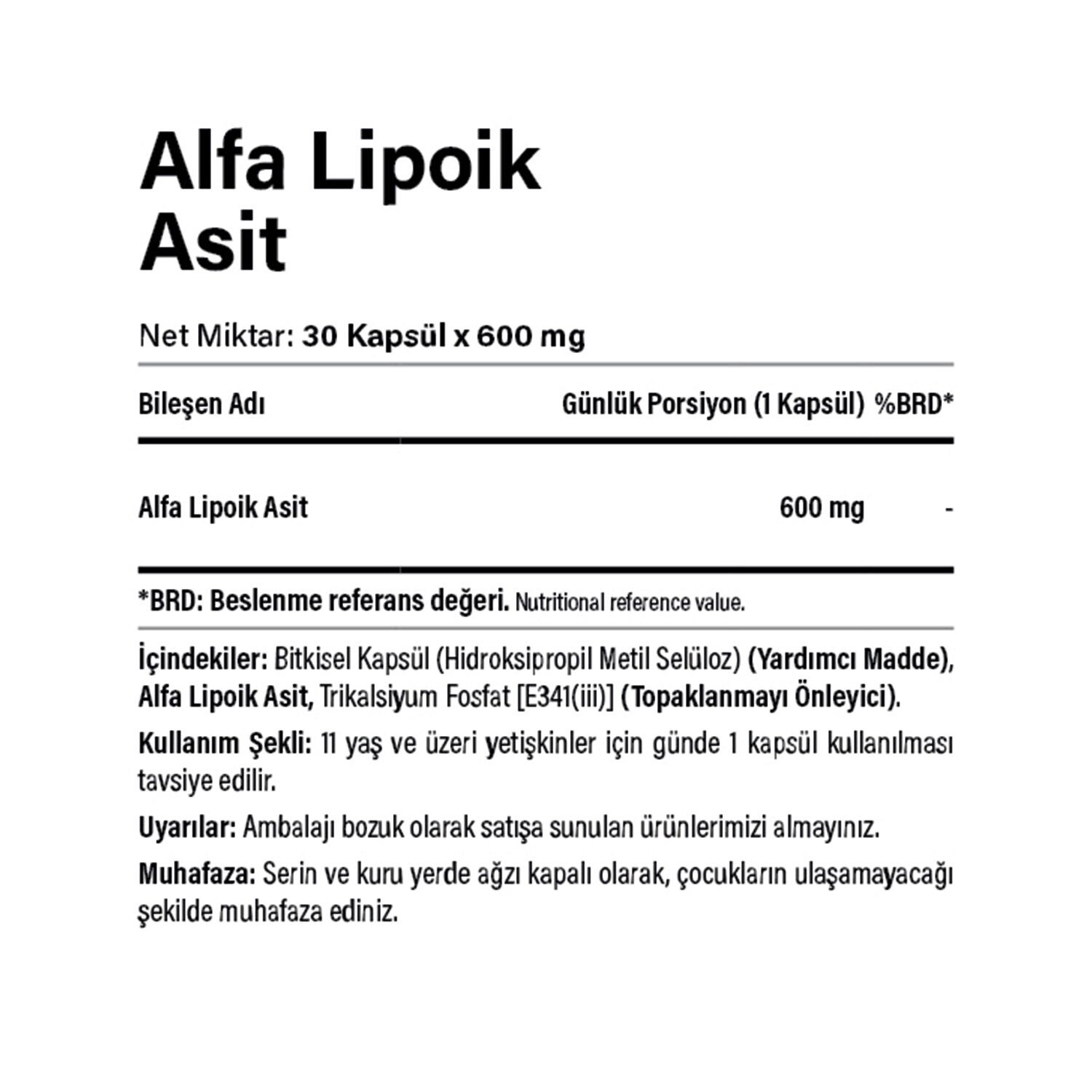 Alpha Lipoic Acid - Alfa Lipoik Asit 600 mg 30 Kapsül - 2
