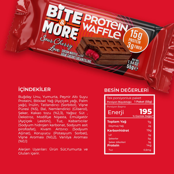 Bite More Proteinli Waffle Kek Vişne Kremalı Kakalolu 55 g  12 Adet - 3