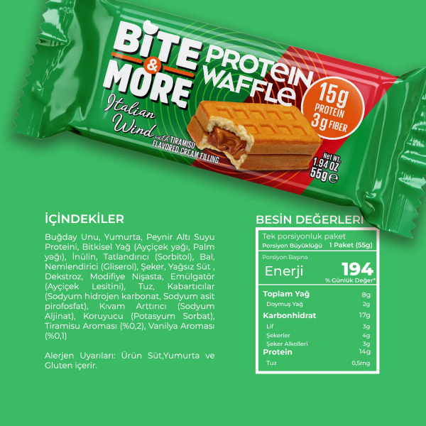 Bite More Proteinli Waffle Tiramisu Kremalı 55 g  12 Adet - 3