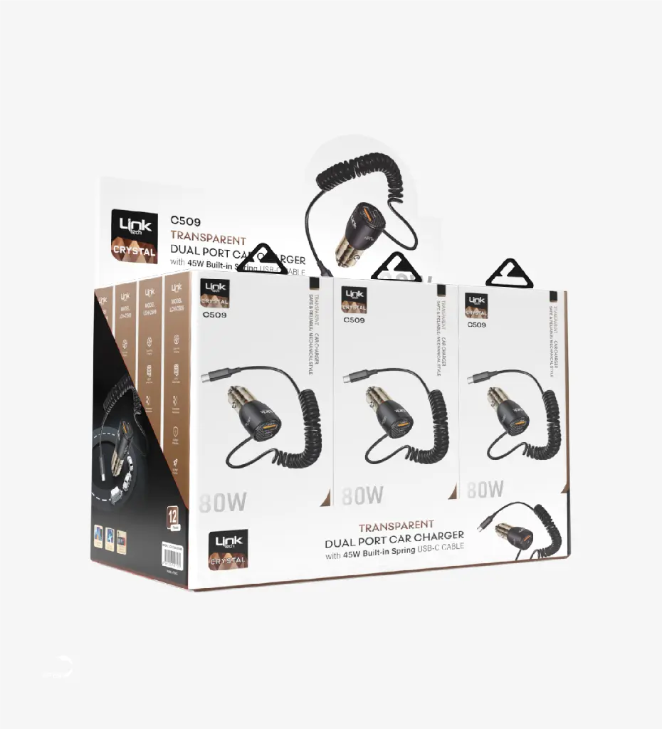 C509 Transparent 80W Dual PD & QC Super Fast Car Charger with Type-C Cable - 5