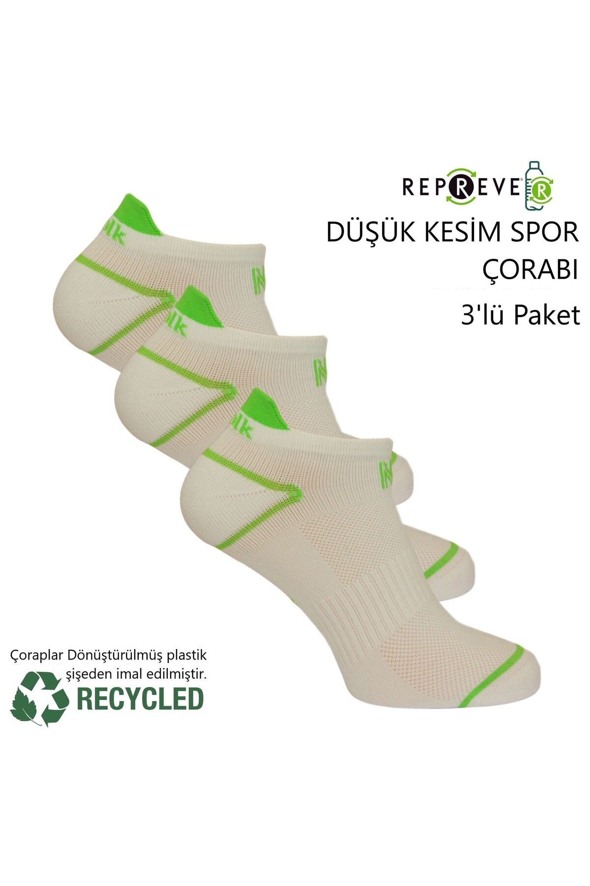 Caretta Çevre Dostu Repreve® Düşük Kesim Koşu ve Yürüyüş Çorabı 3'lü Paket Beyaz - 3