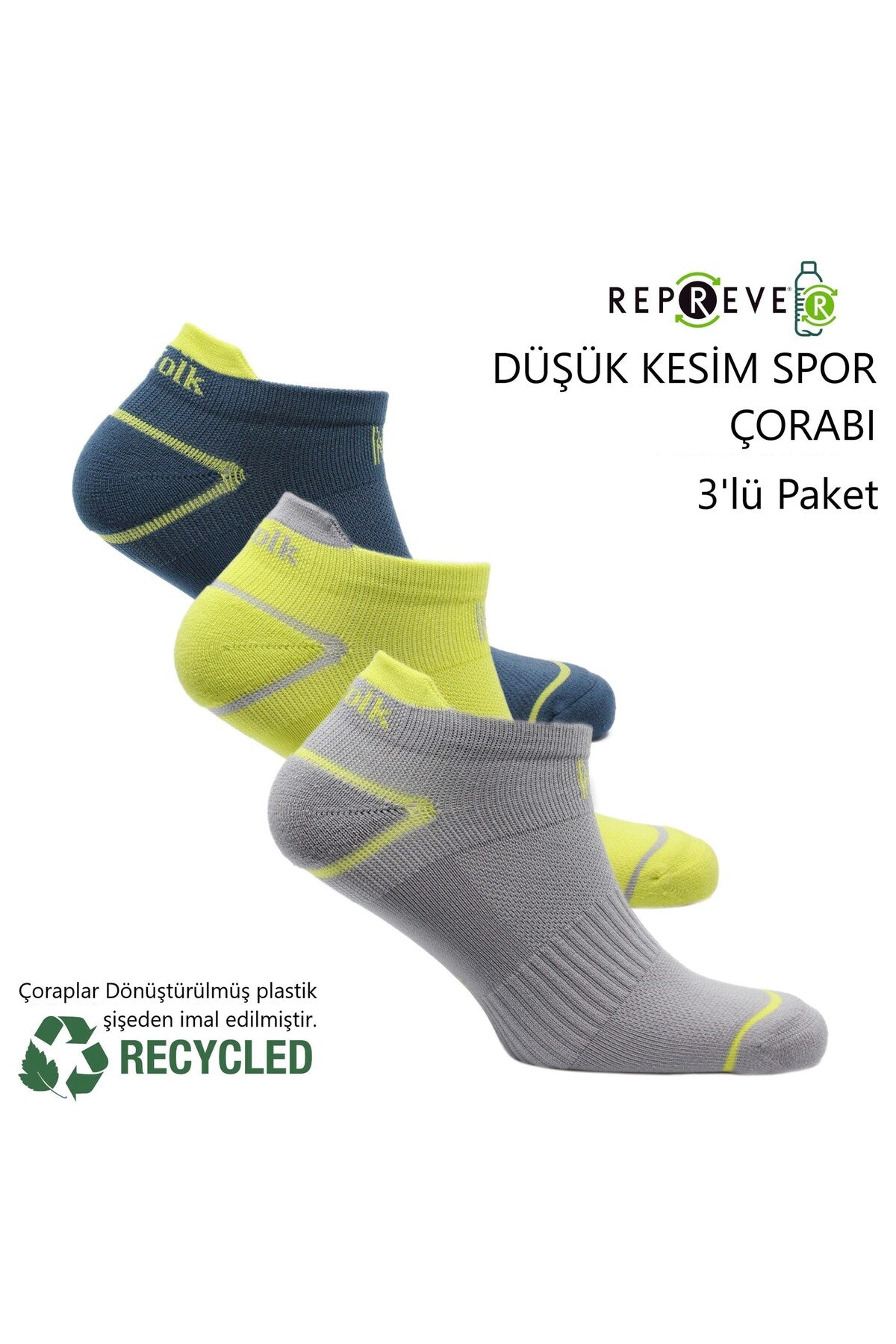 Caretta Çevre Dostu Repreve® Düşük Kesim Koşu ve Yürüyüş Çorabı 3'lü Paket Gri-Sarı-Mavi - 3