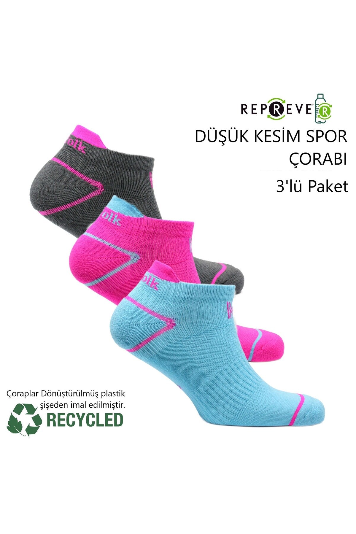 Caretta Çevre Dostu Repreve® Düşük Kesim Koşu ve Yürüyüş Çorabı 3'lü Paket Mavi-Fuşya-Antrasit - 3