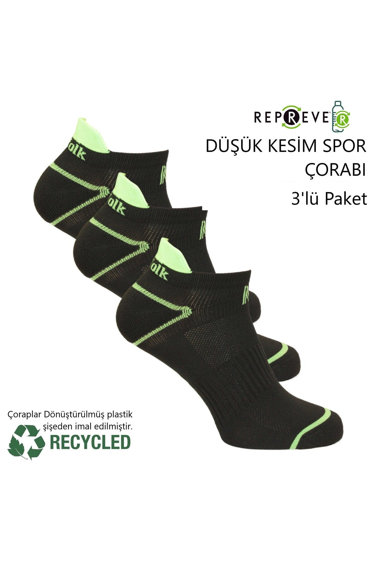 Caretta Çevre Dostu Repreve® Düşük Kesim Koşu ve Yürüyüş Çorabı 3'lü Paket Siyah - 3