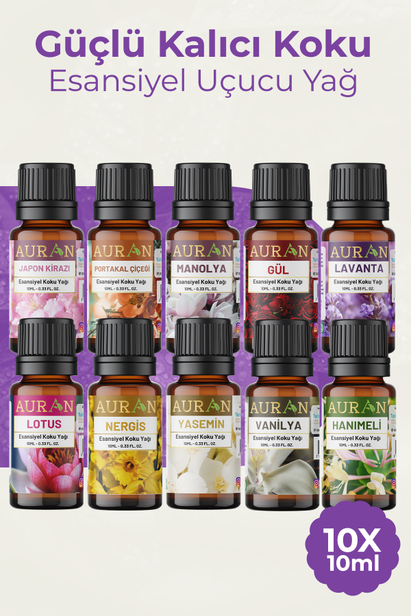 Auran Çiçekler 10'lu Set Saf Esansiyel Uçucu Yağ Buhurdanlık Yağı Difüzör Esansı Aromaterap Ortam 10x 10ml