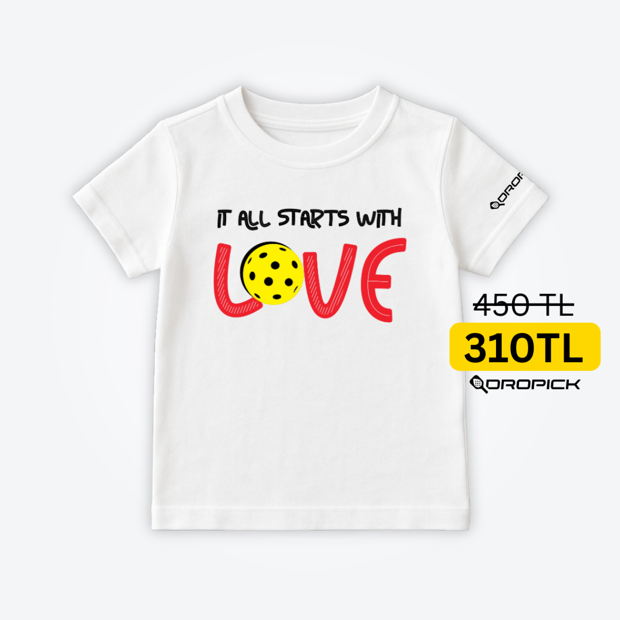Dropick "It All Starts With LOVE" Unisex Beyaz Pickleball Tişört - Çocuk