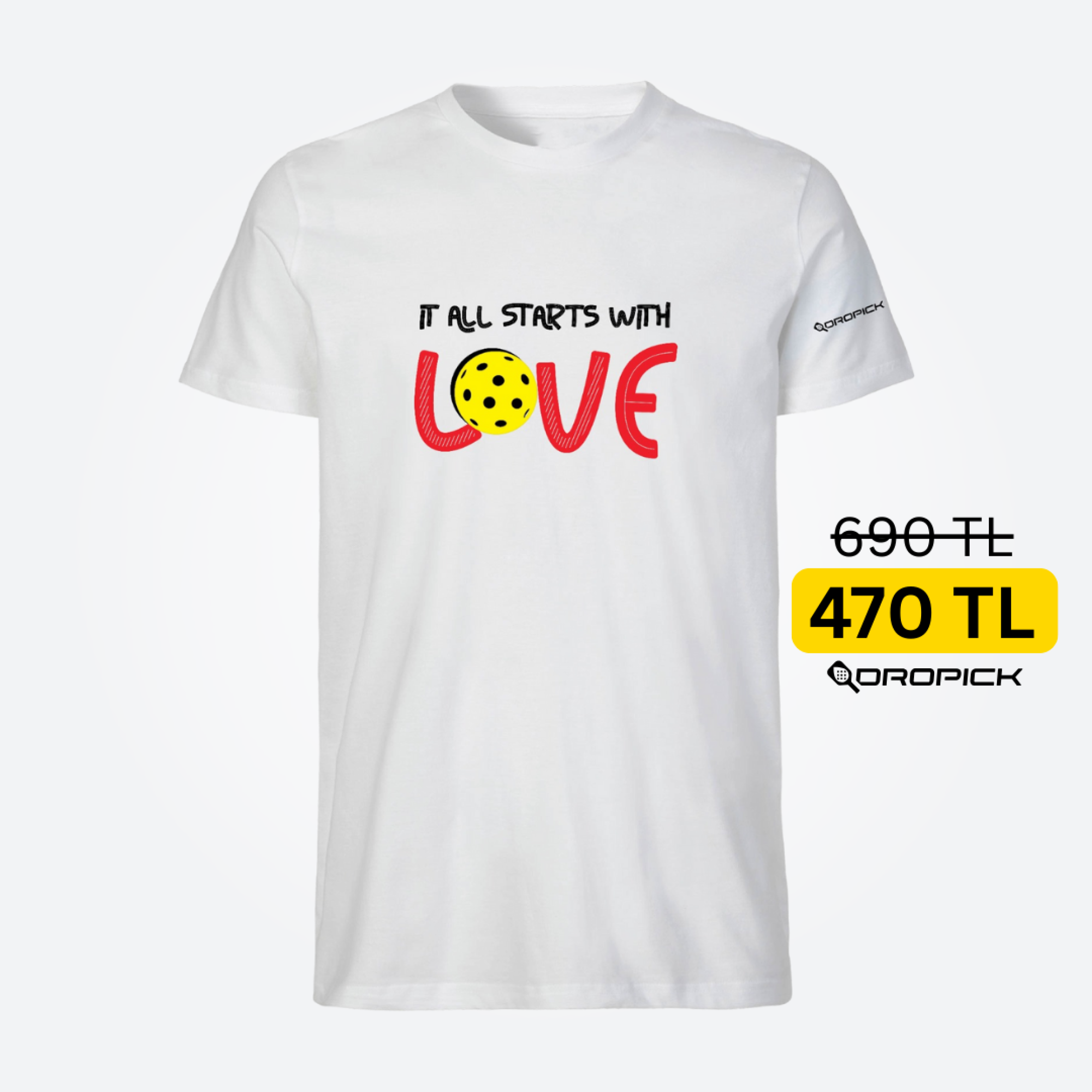 Dropick "It All Starts With LOVE" Unisex Beyaz Pickleball Tişört - Yetişkin