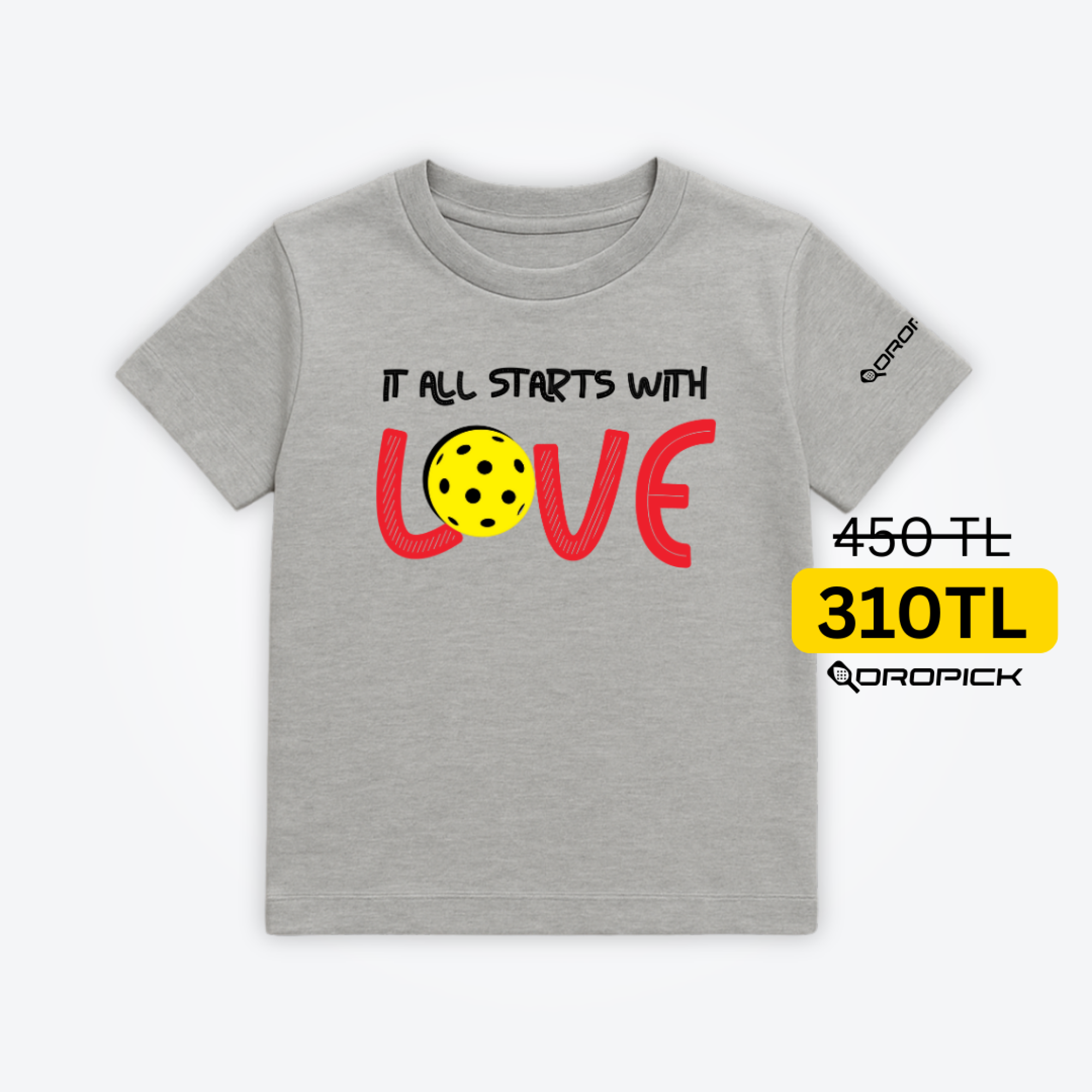 Dropick "It All Starts With LOVE" Unisex Gri Melanj Pickleball Tişört - Çocuk