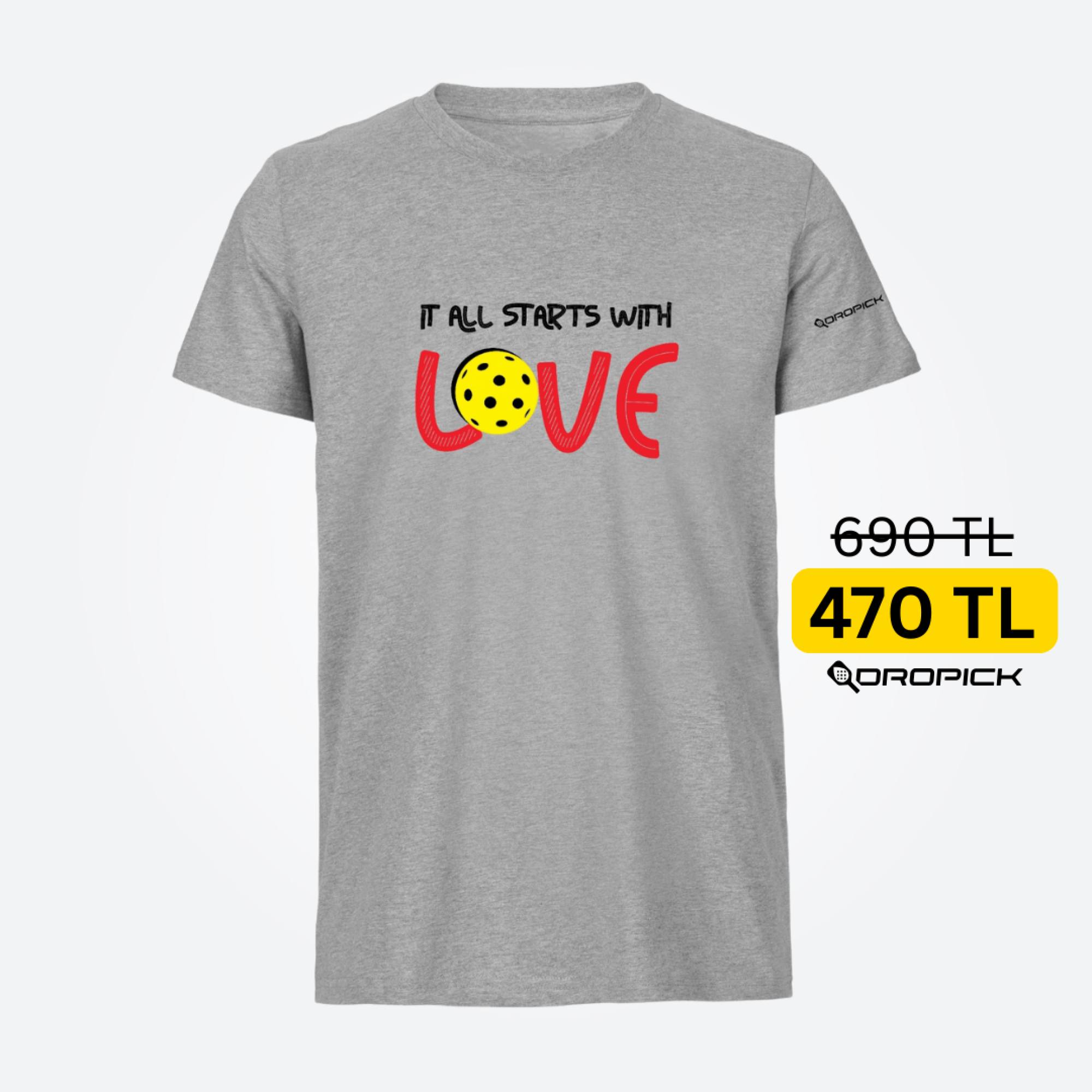 Dropick "It All Starts With LOVE" Unisex Gri Melanj Pickleball Tişört - Yetişkin