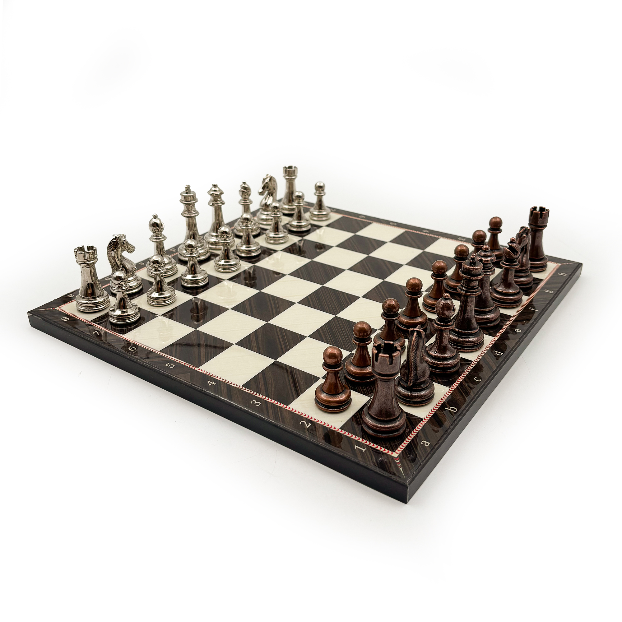 El Yapımı Ceviz Desenli Ahşap Satranç Takımı – Metal Taşlı CD30