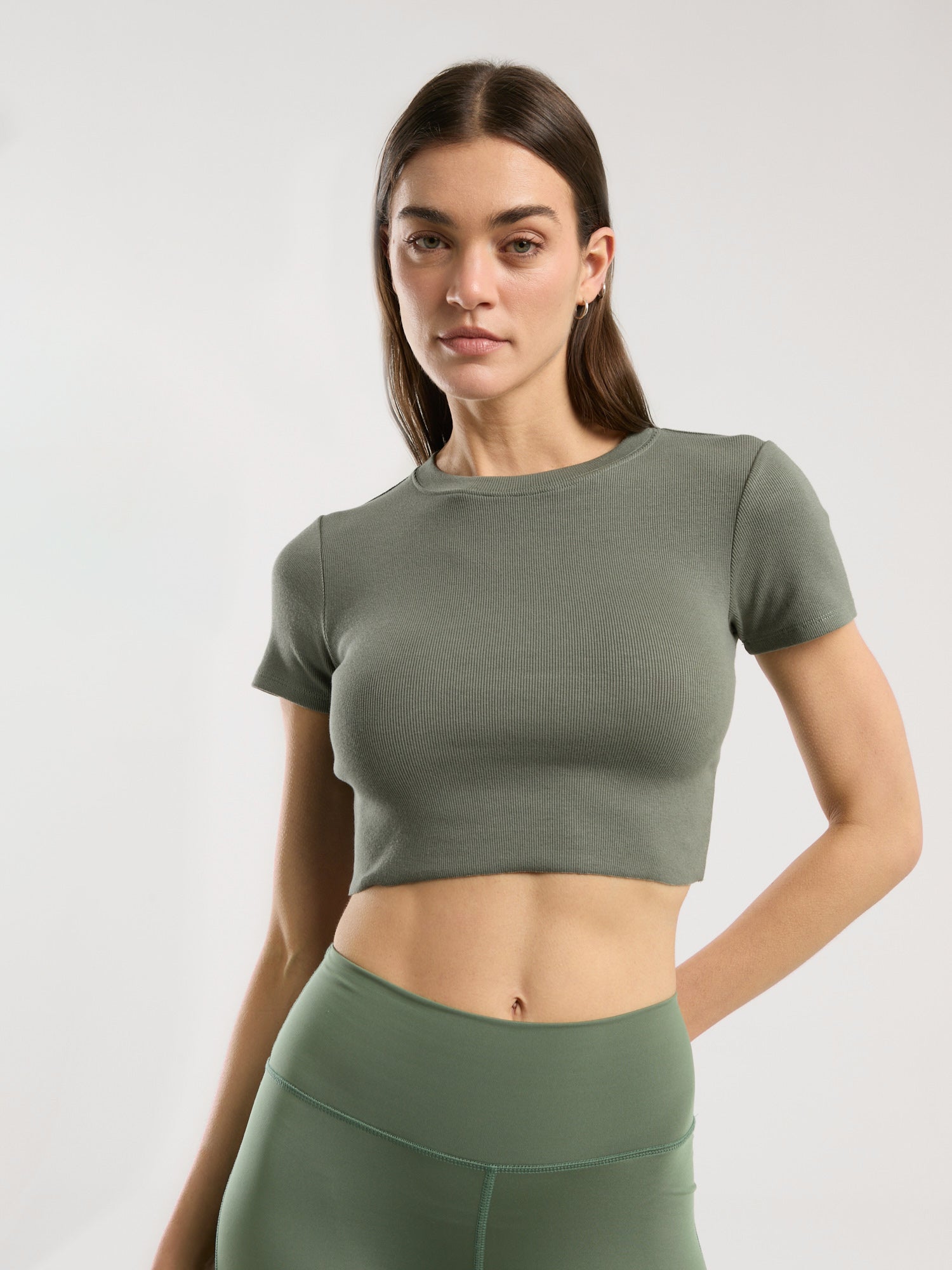 Ever Relaxed Rib Haki Kadın Crop Tişört - 4