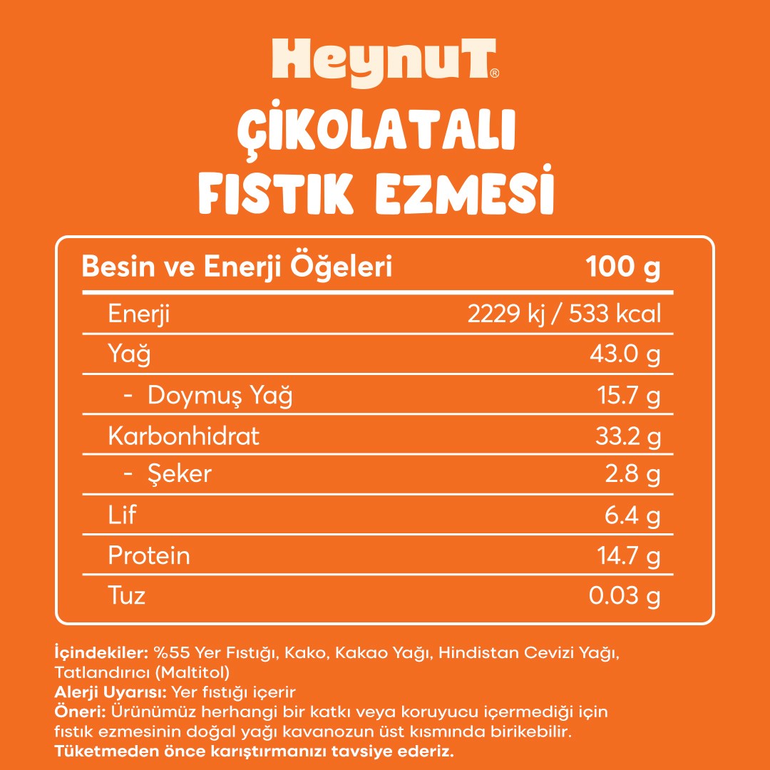 HeynuT Şeker ilavesiz Çikolatalı Fıstık Ezmesi 350g x 3 Adet - 5