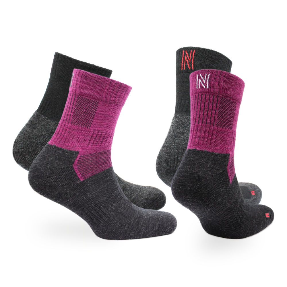 Leonardo QTR Merinos Yünü Yastıklamalı Bisiklet/Yürüyüş Çorabı 2'li Paket Siyah/Magenta