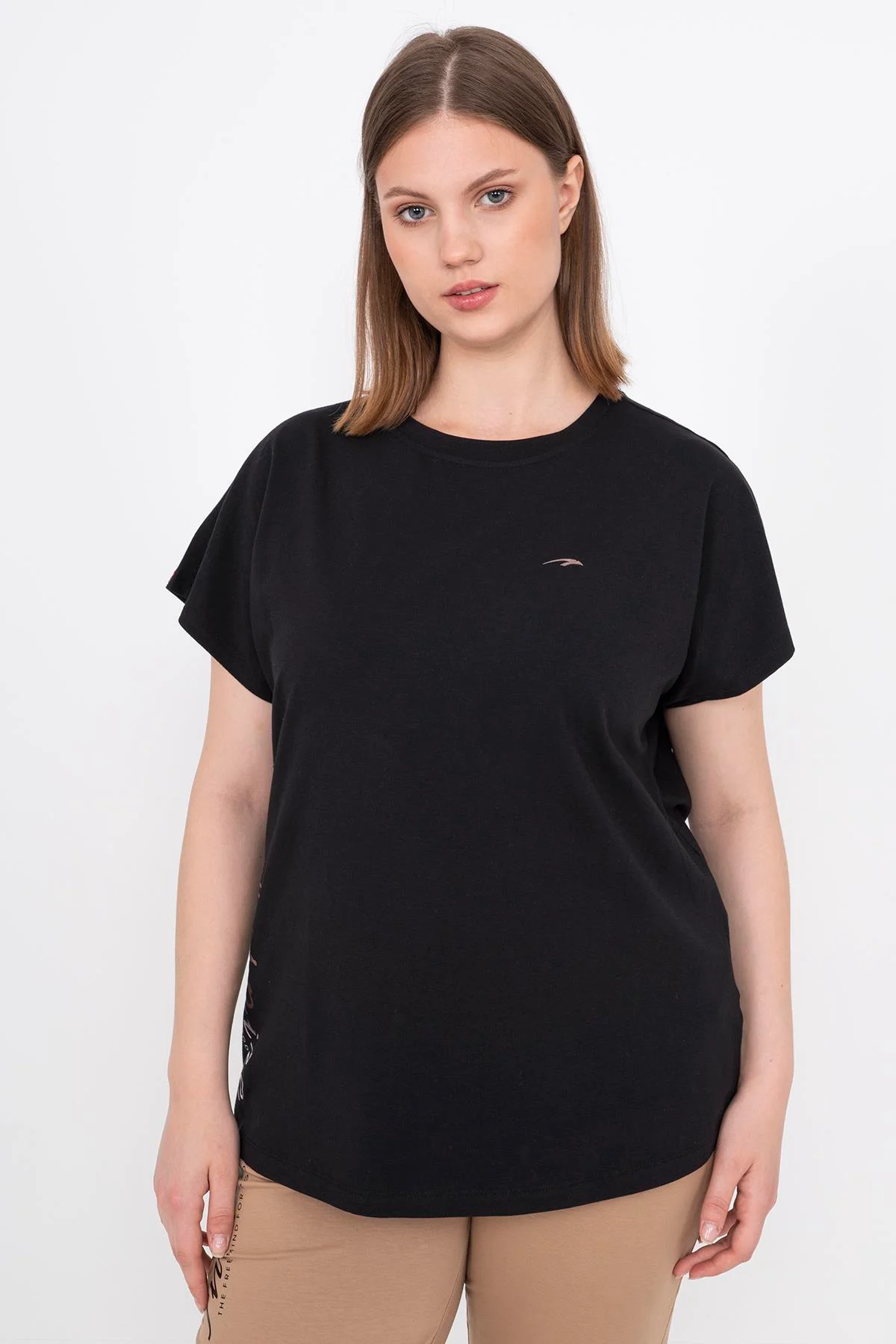 Maraton Büyük Beden Kadın Bisiklet Yaka Siyah T-shirt