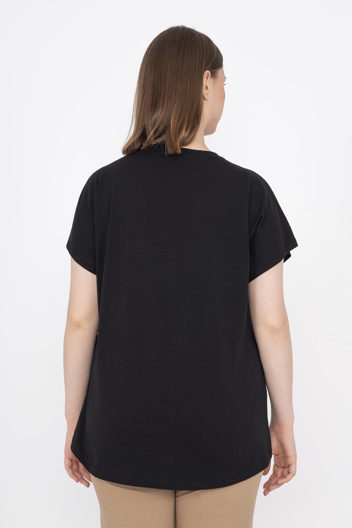 Maraton Büyük Beden Kadın Bisiklet Yaka Siyah T-shirt - 3