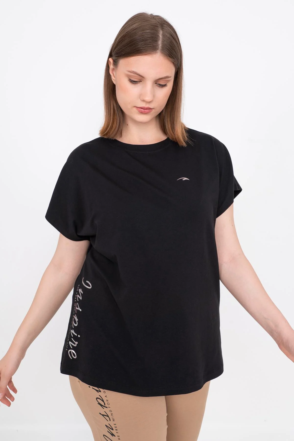 Maraton Büyük Beden Kadın Bisiklet Yaka Siyah T-shirt - 4