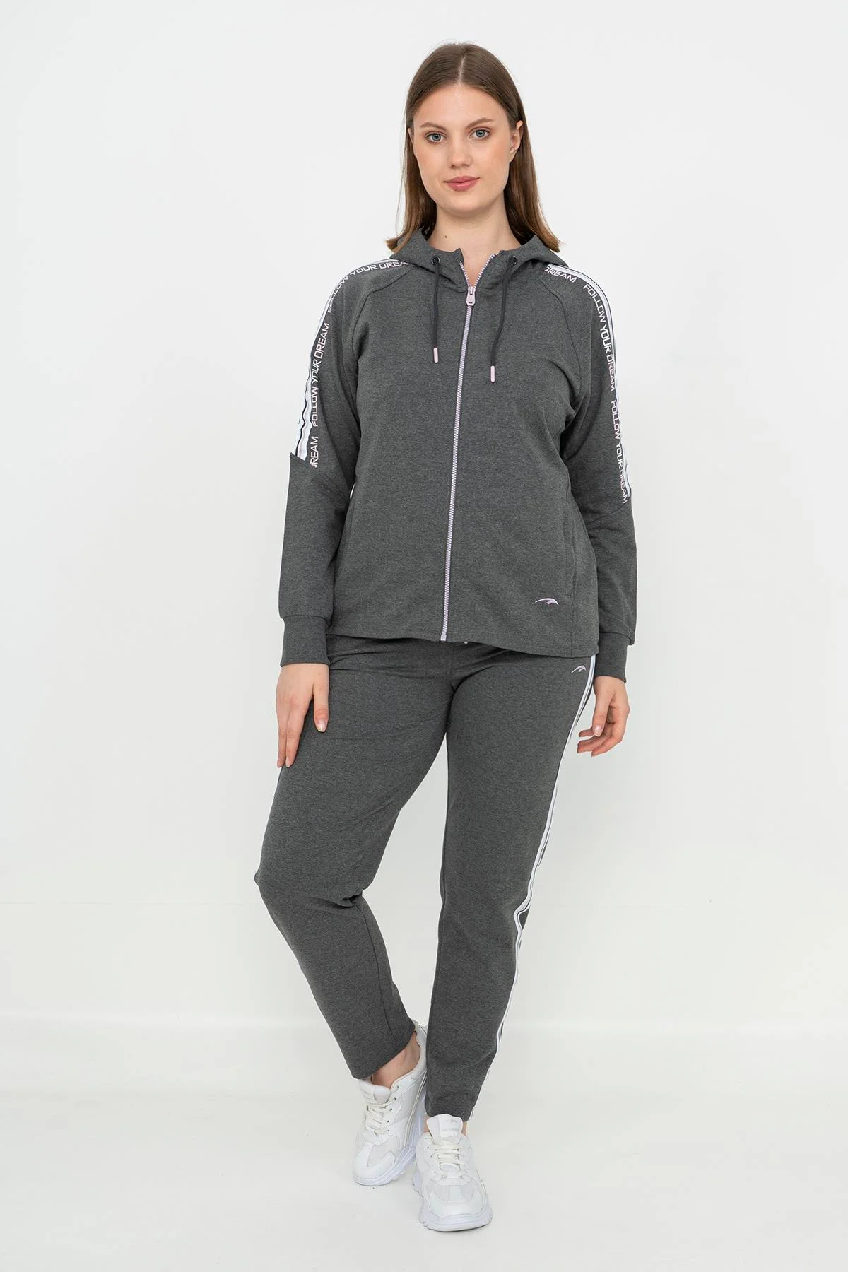 Maraton Büyük Beden Kadın Kapüşonlu Dar Paça Antrasit Melanj Eşofman Takımı