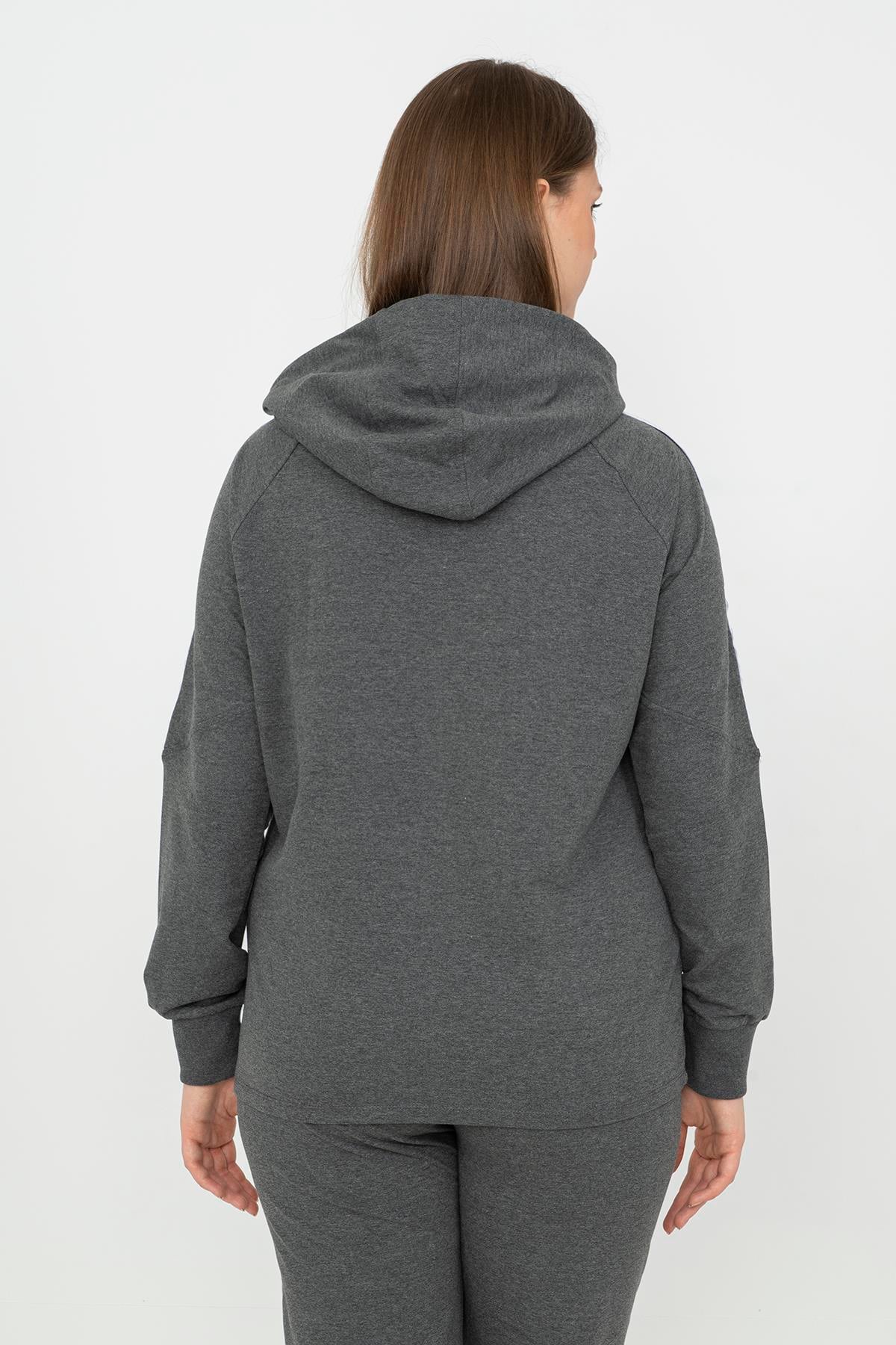 Maraton Büyük Beden Kadın Kapüşonlu Dar Paça Antrasit Melanj Eşofman Takımı - 3