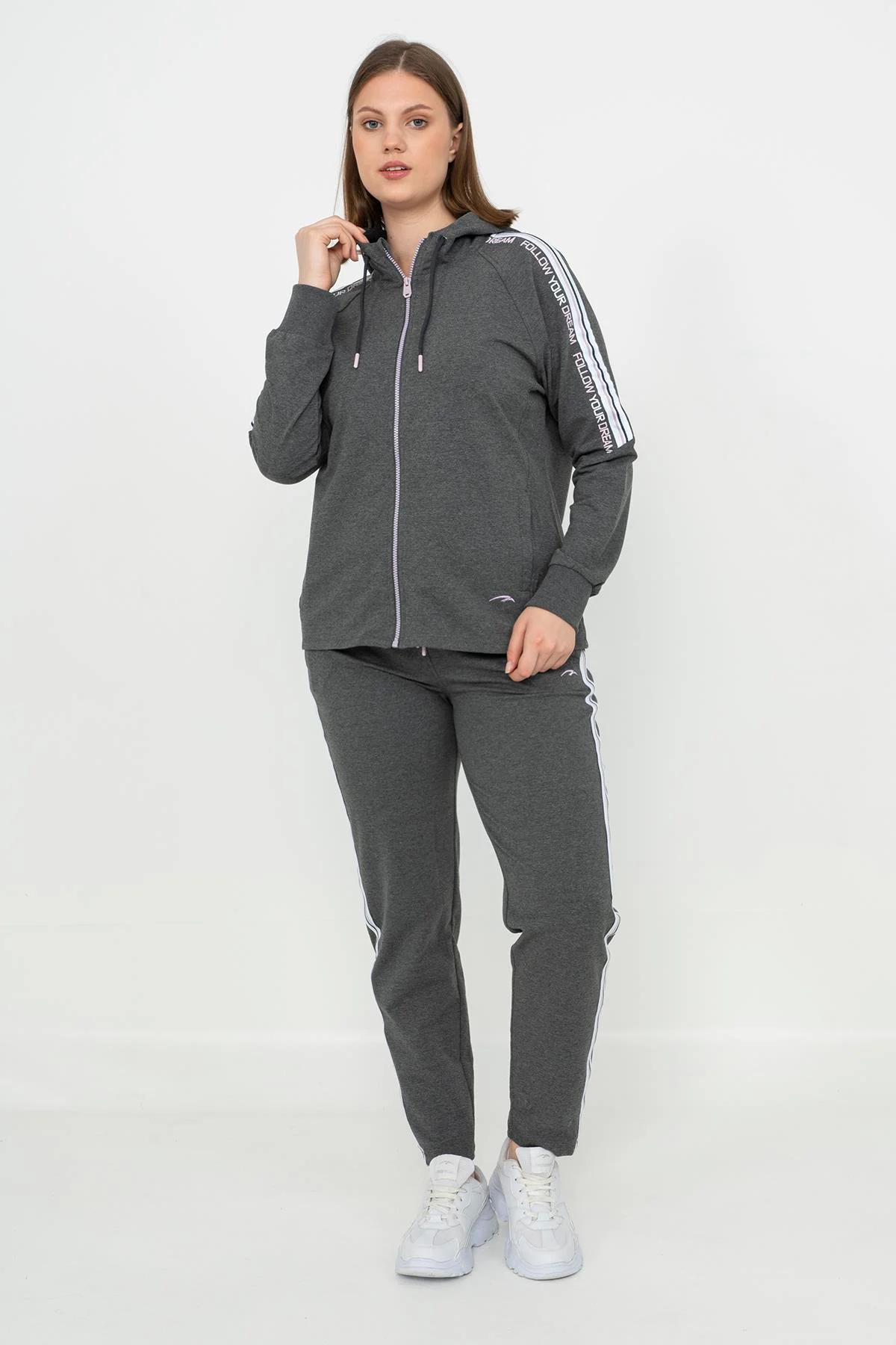 Maraton Büyük Beden Kadın Kapüşonlu Dar Paça Antrasit Melanj Eşofman Takımı - 4