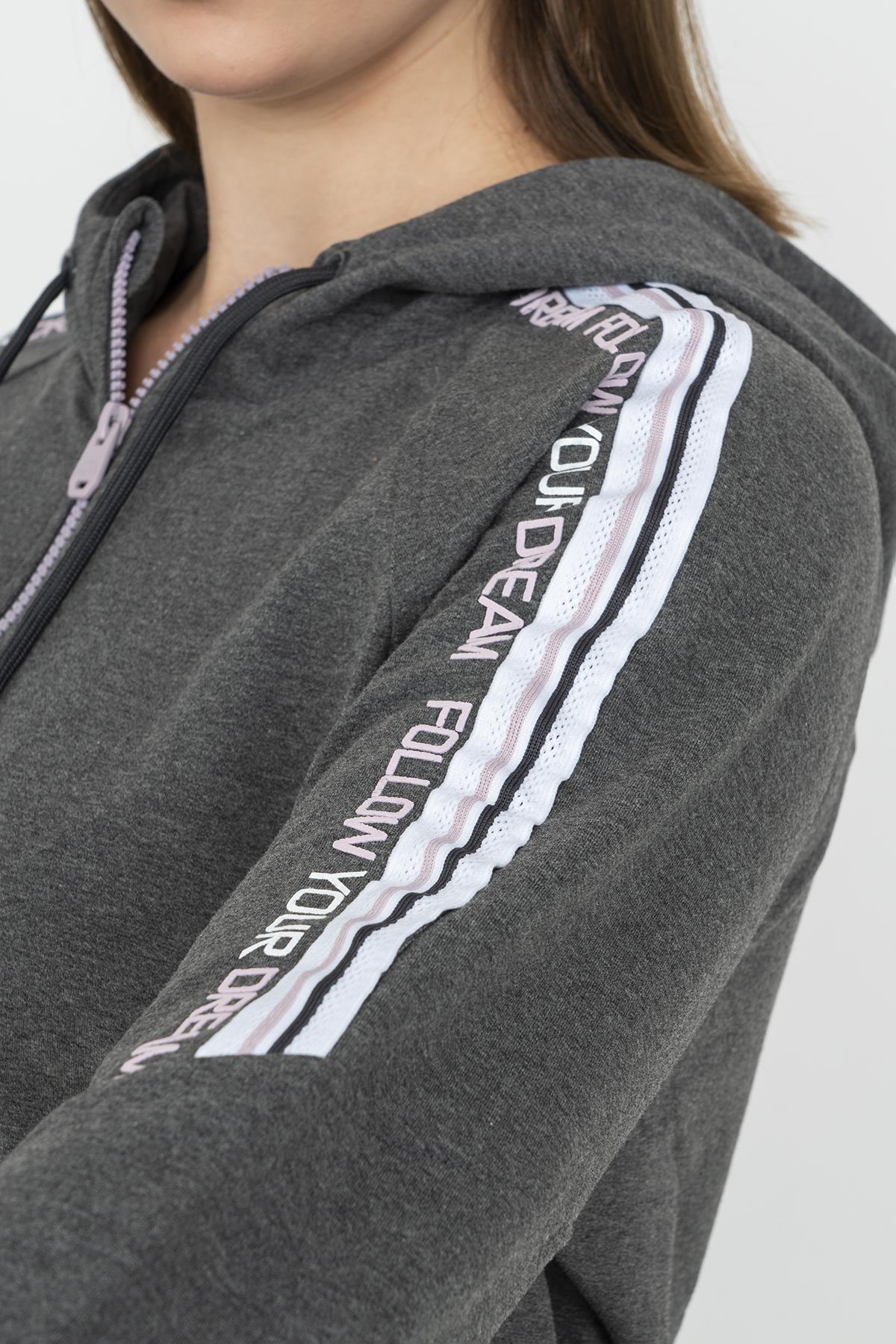 Maraton Büyük Beden Kadın Kapüşonlu Dar Paça Antrasit Melanj Eşofman Takımı - 6