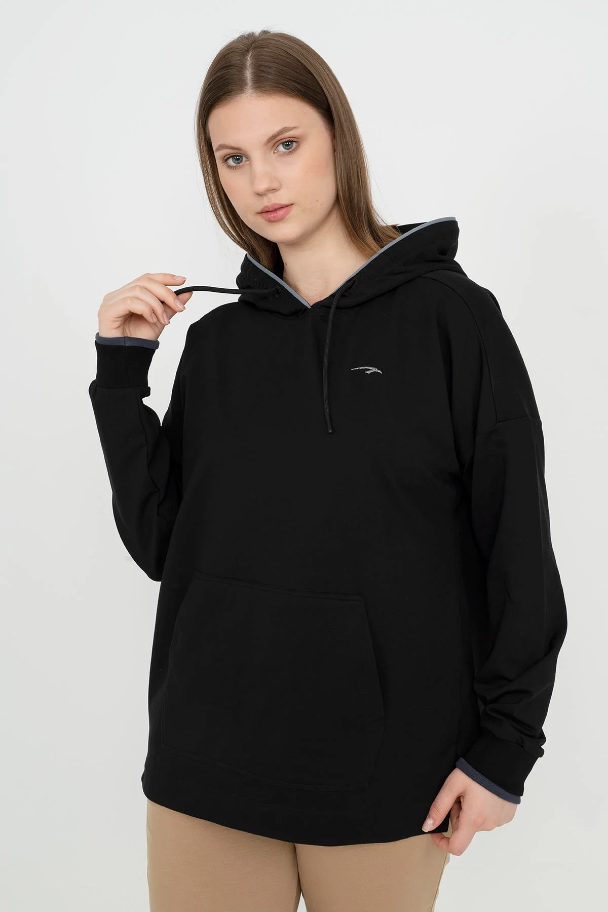 Maraton Büyük Beden Kadın Kapüşonlu Siyah Sweatshirt