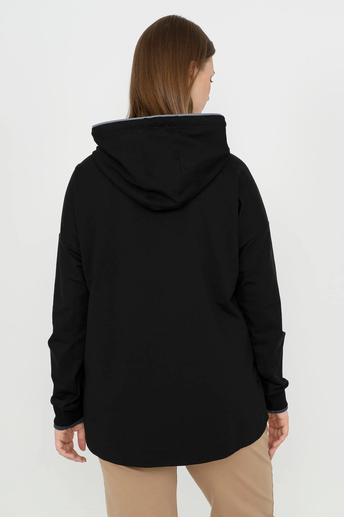 Maraton Büyük Beden Kadın Kapüşonlu Siyah Sweatshirt - 3