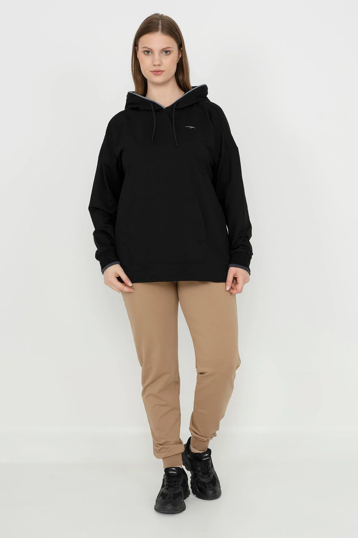 Maraton Büyük Beden Kadın Kapüşonlu Siyah Sweatshirt - 5