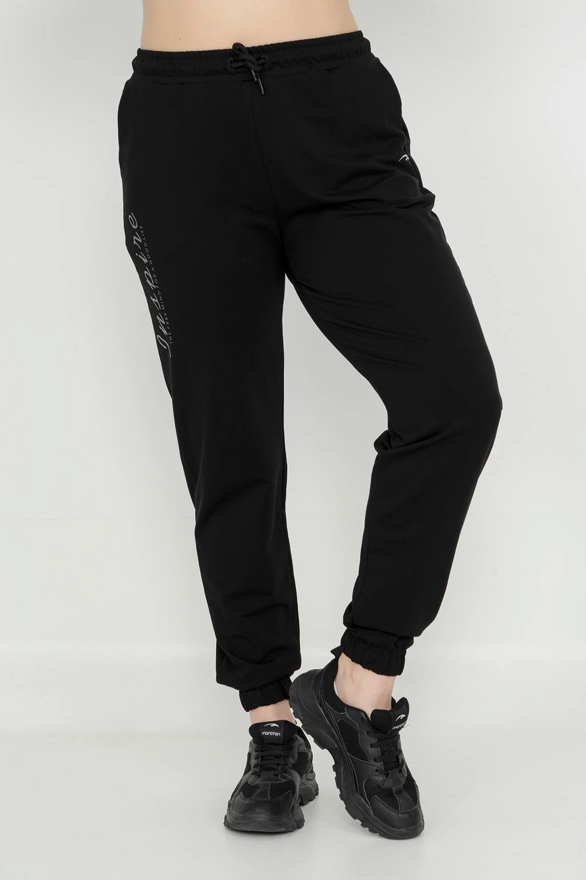Maraton Büyük Beden Kadın Lastik Paça Siyah Eşofman Altı