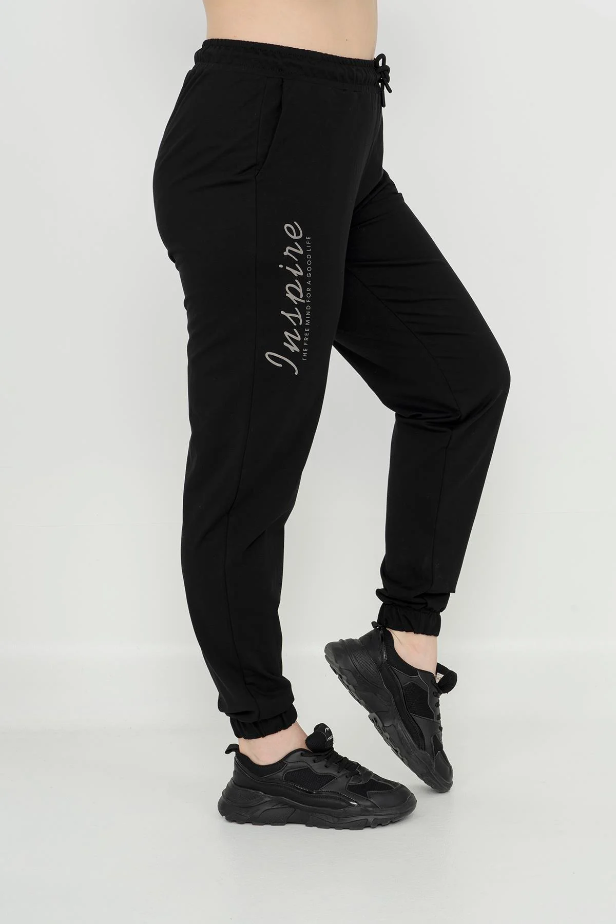 Maraton Büyük Beden Kadın Lastik Paça Siyah Eşofman Altı - 4