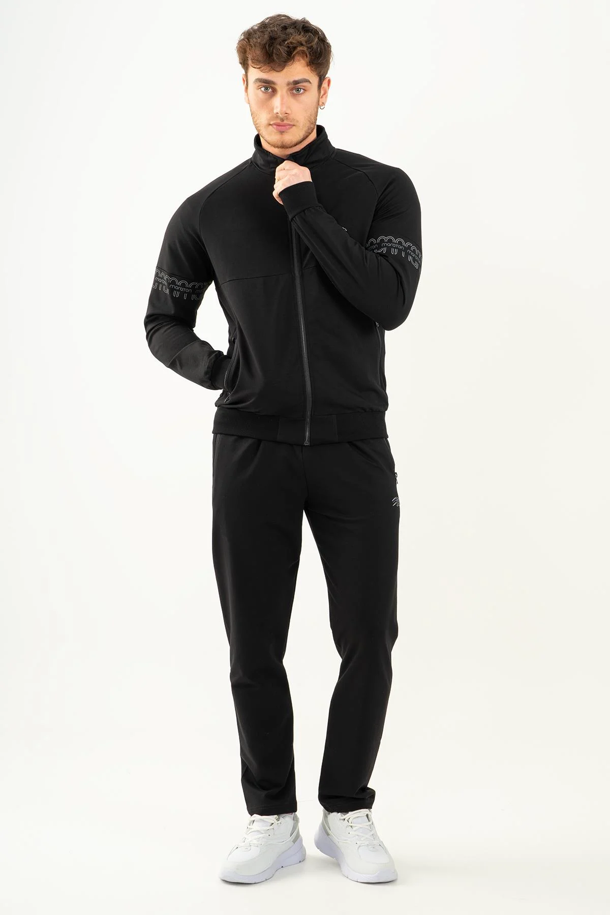 Maraton Comfort Erkek Dik Yaka Dar Paça Siyah Eşofman Takımı - 3