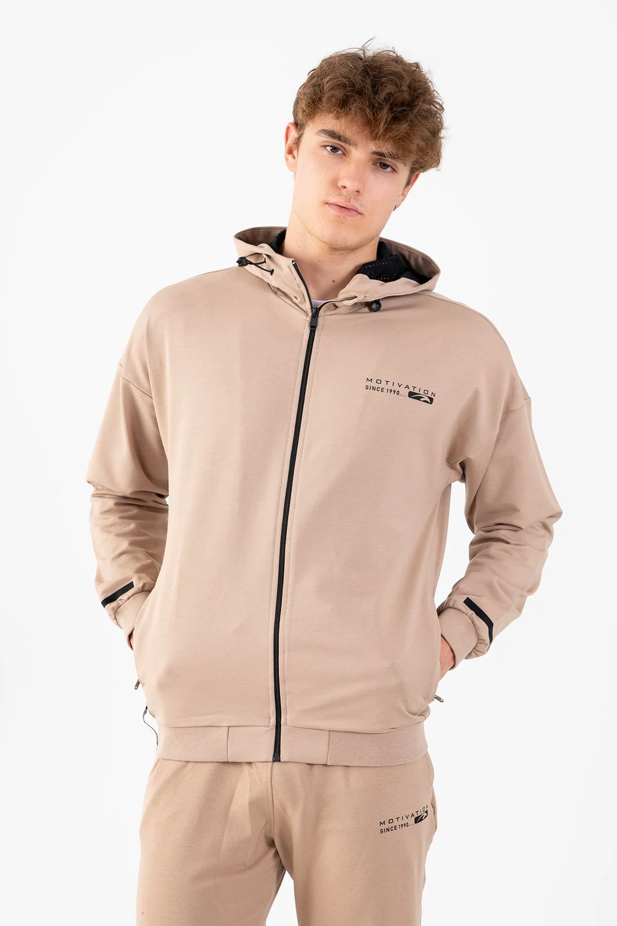 Maraton Comfort Erkek Kapüşonlu Açık Vizon Eşofman Üstü